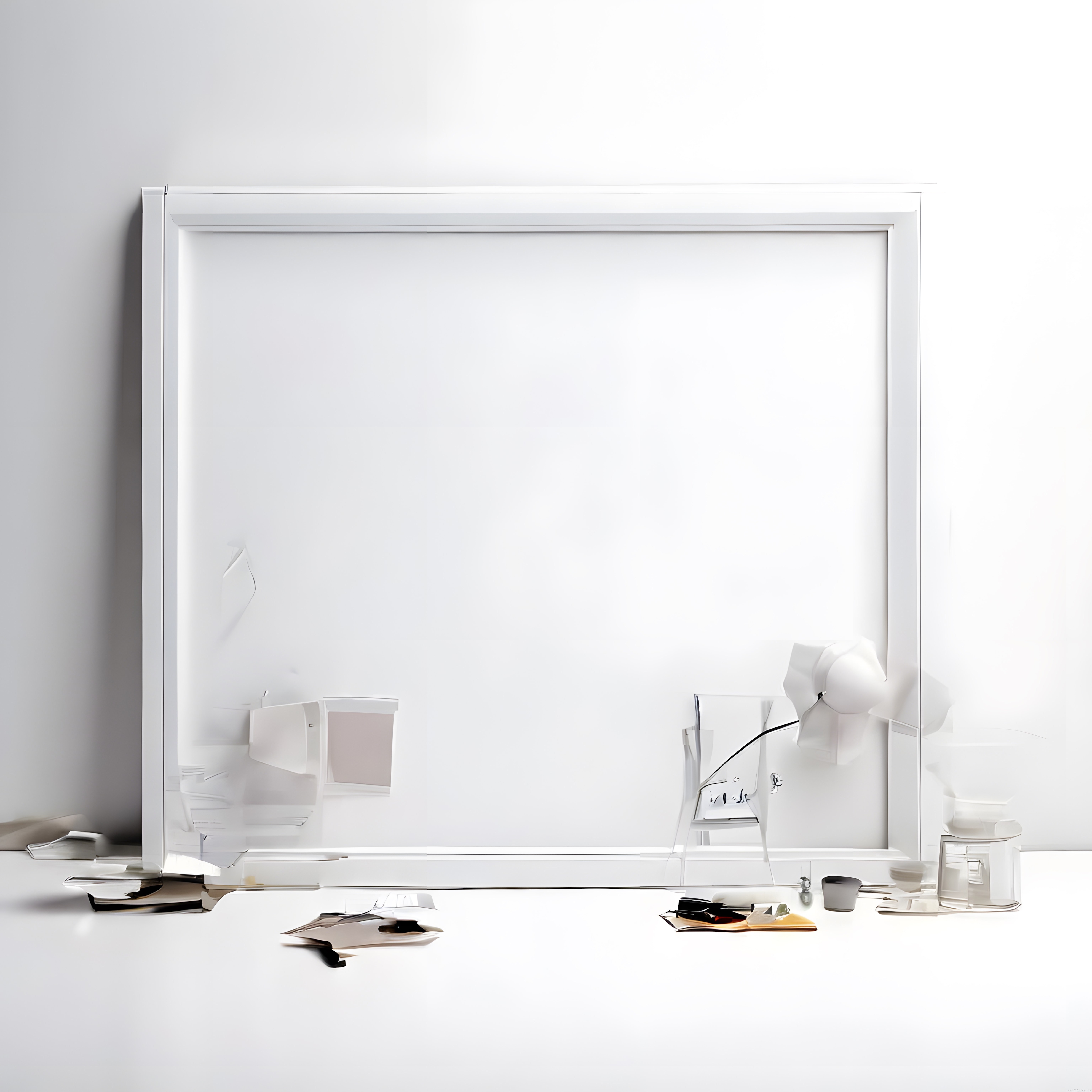 Minimalist Beyaz Oda İçinde Boş Çerçeve ve Sanat Malzemeleri Düzeni