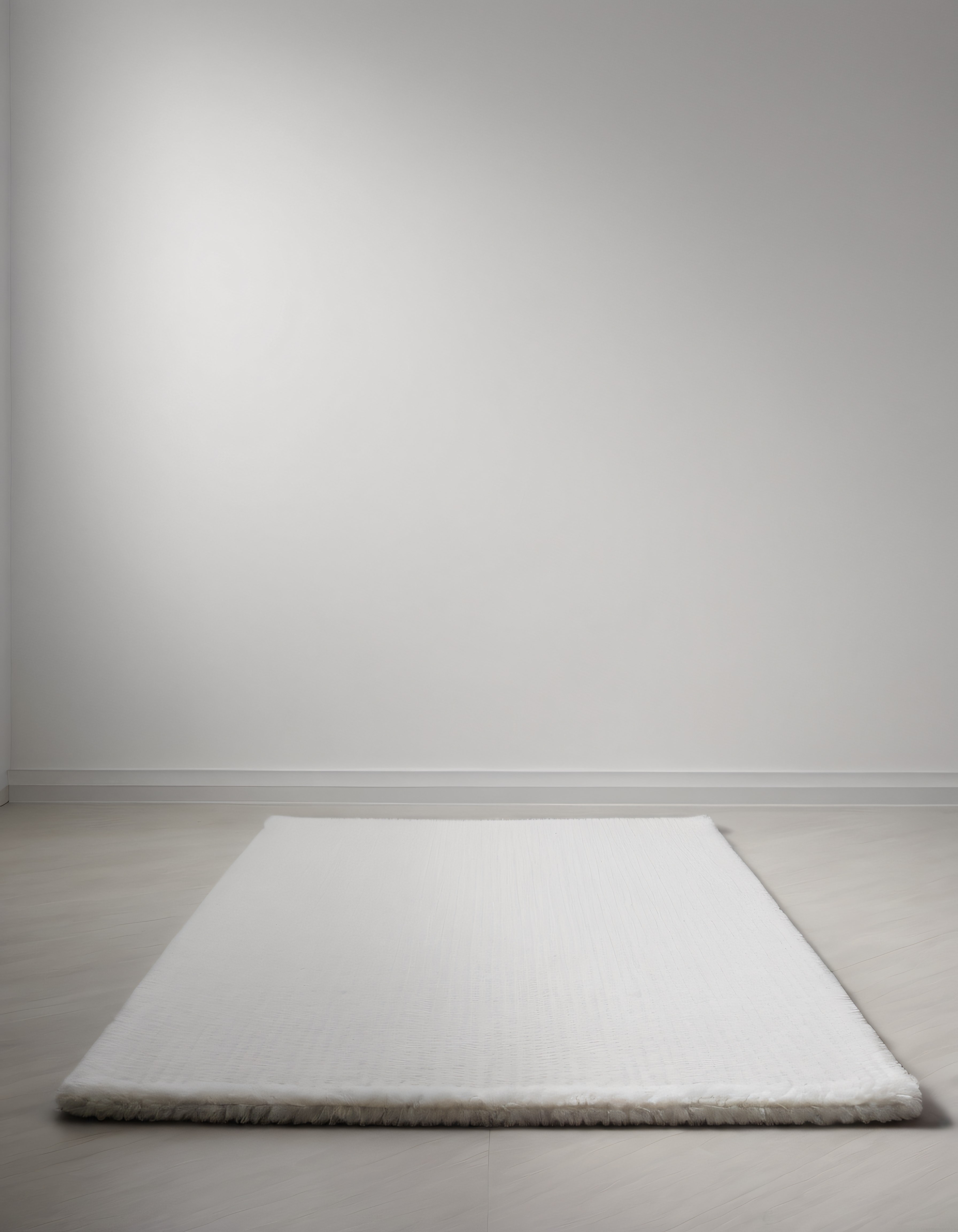 Minimalist Beyaz Oda İçinde Merkezi Peluş Halı ve Yumuşak Işık Detayları