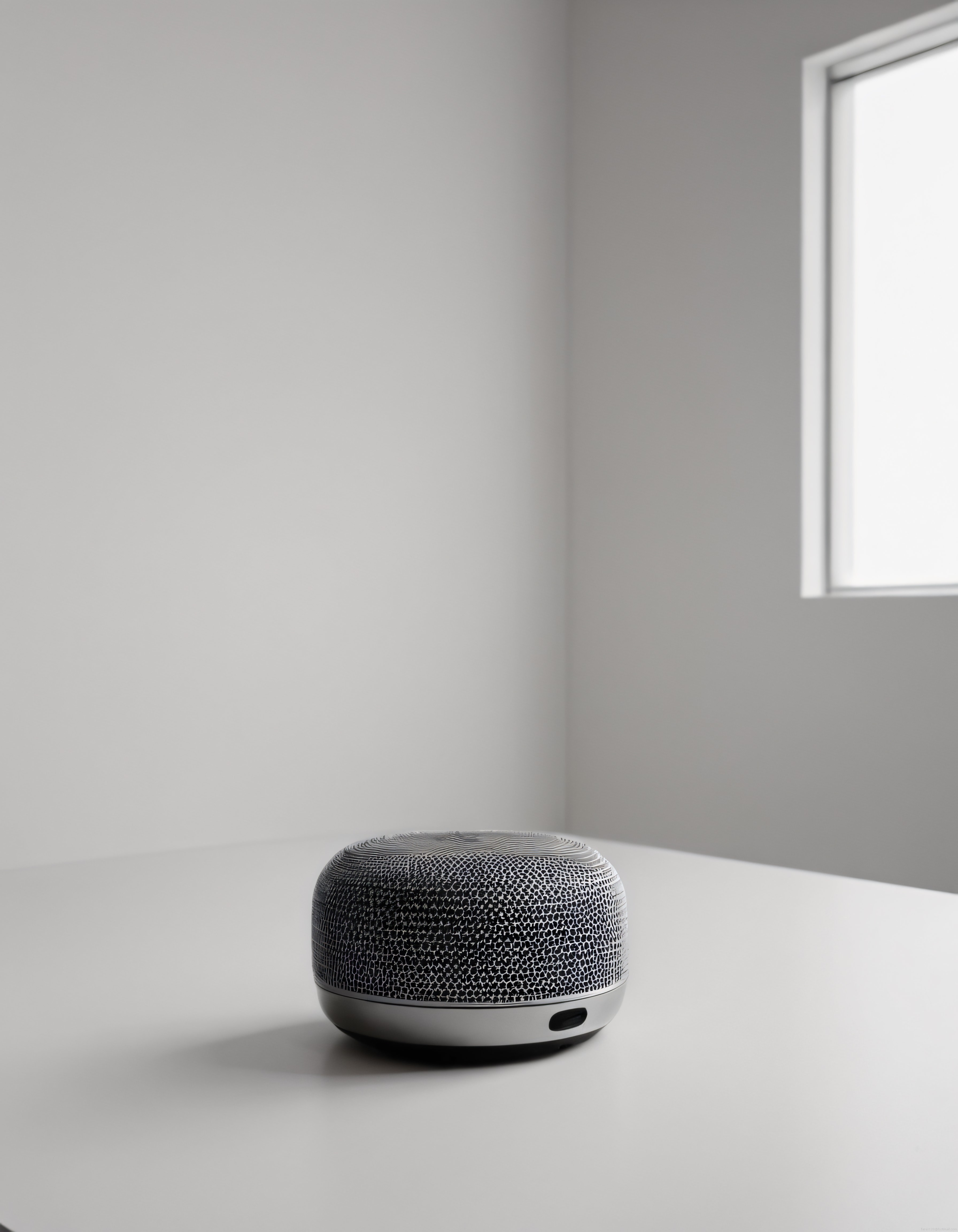 Minimalist Beyaz Oda İçinde Modern Kablosuz Akıllı Hoparlör Tasarımı