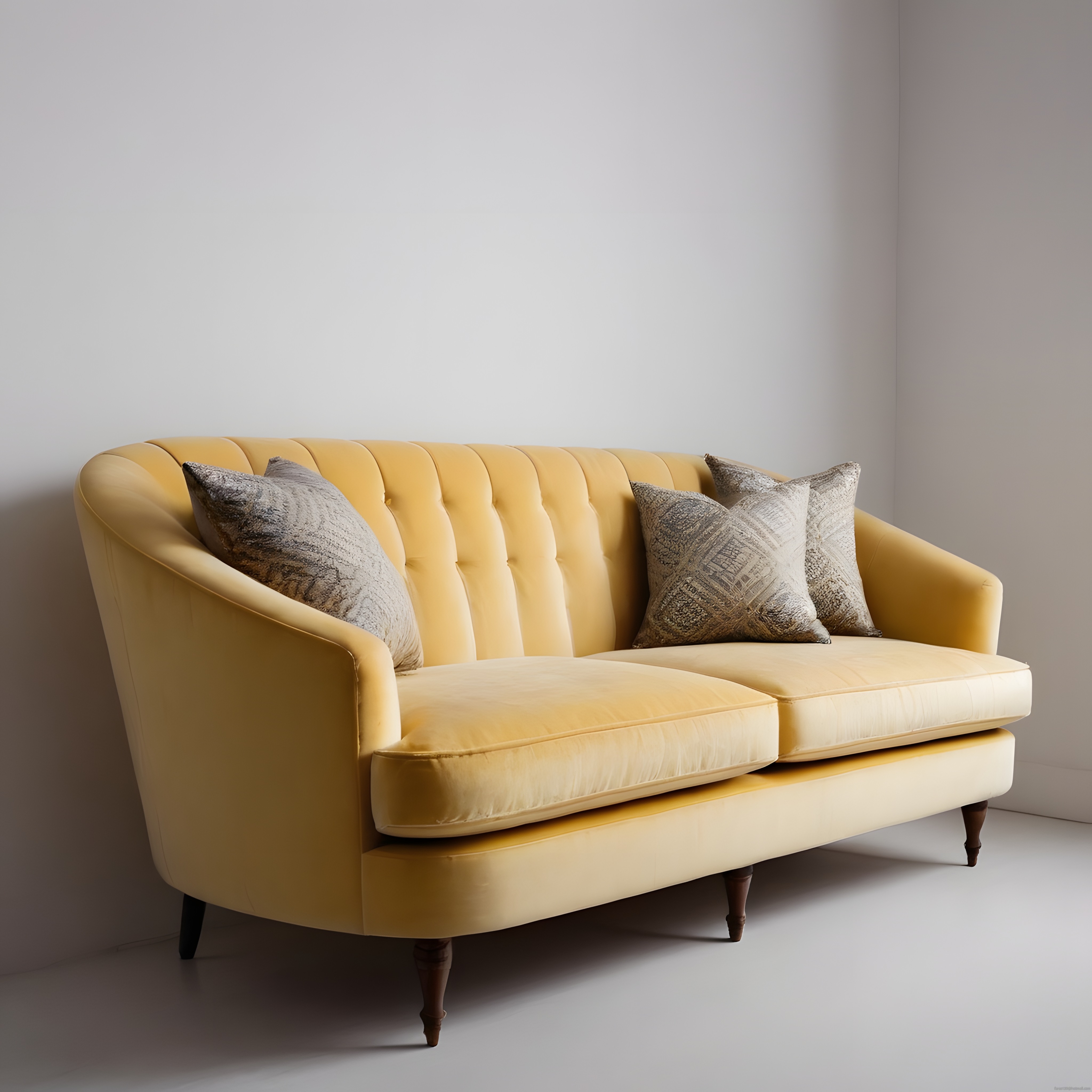 Minimalist Beyaz Oda İçinde Sarı Kadife Kanepe ve Dekoratif Yastıklar