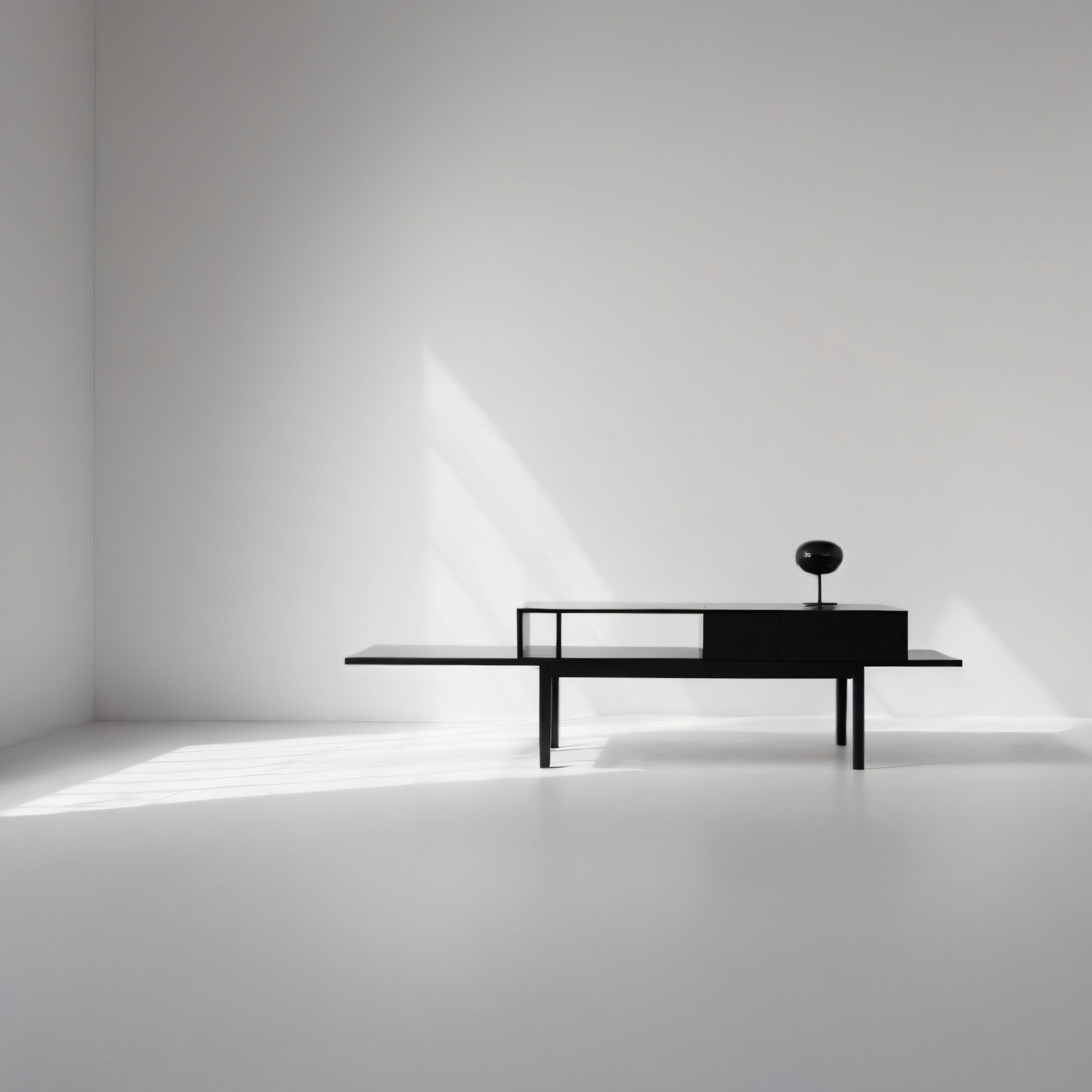 Minimalist Beyaz Oda İçinde Siyah Modern Mobilya ve Işık Detayları