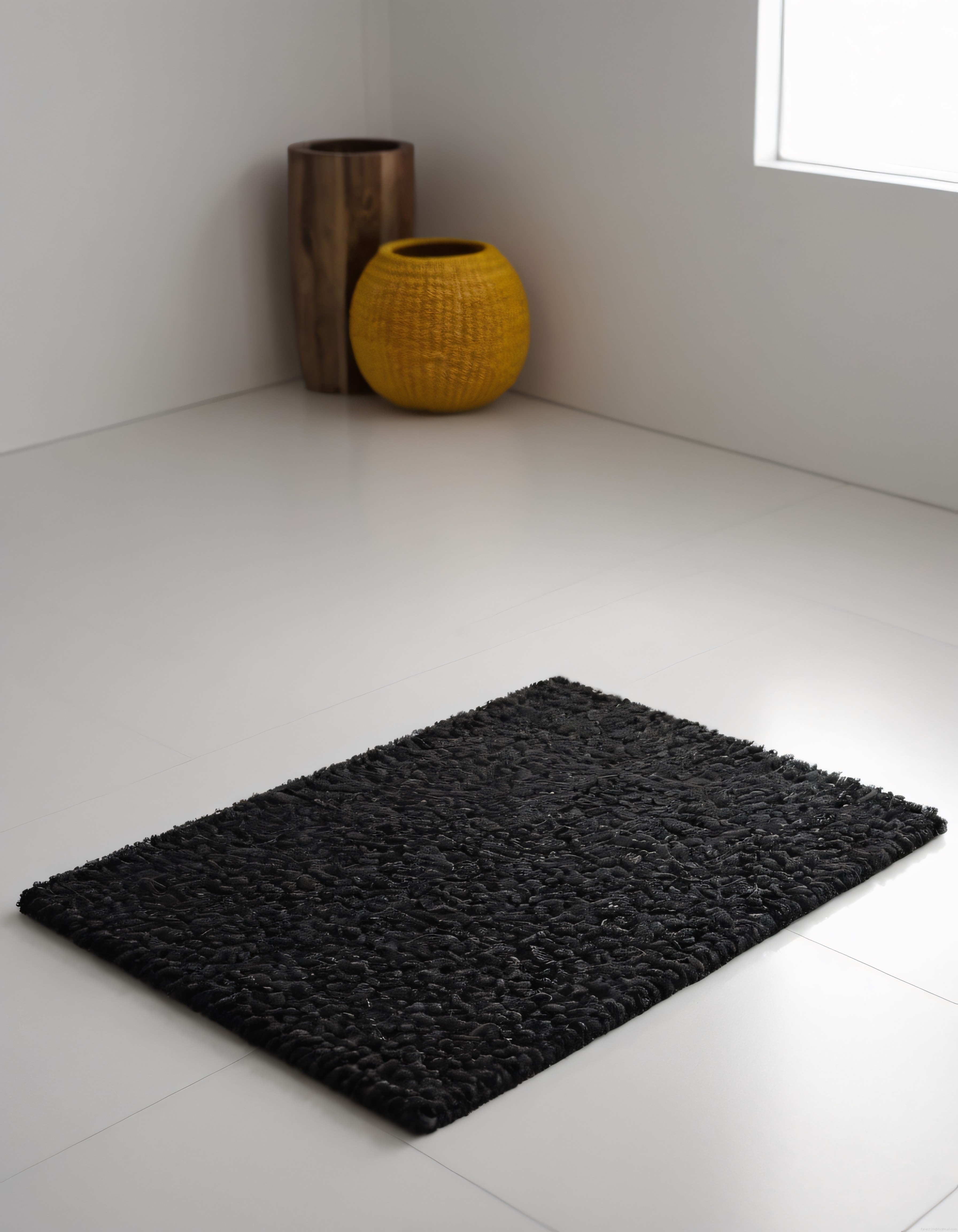 Minimalist Beyaz Oda İçinde Siyah Püsküllü Halı ve Modern Dekoratif Vazolar