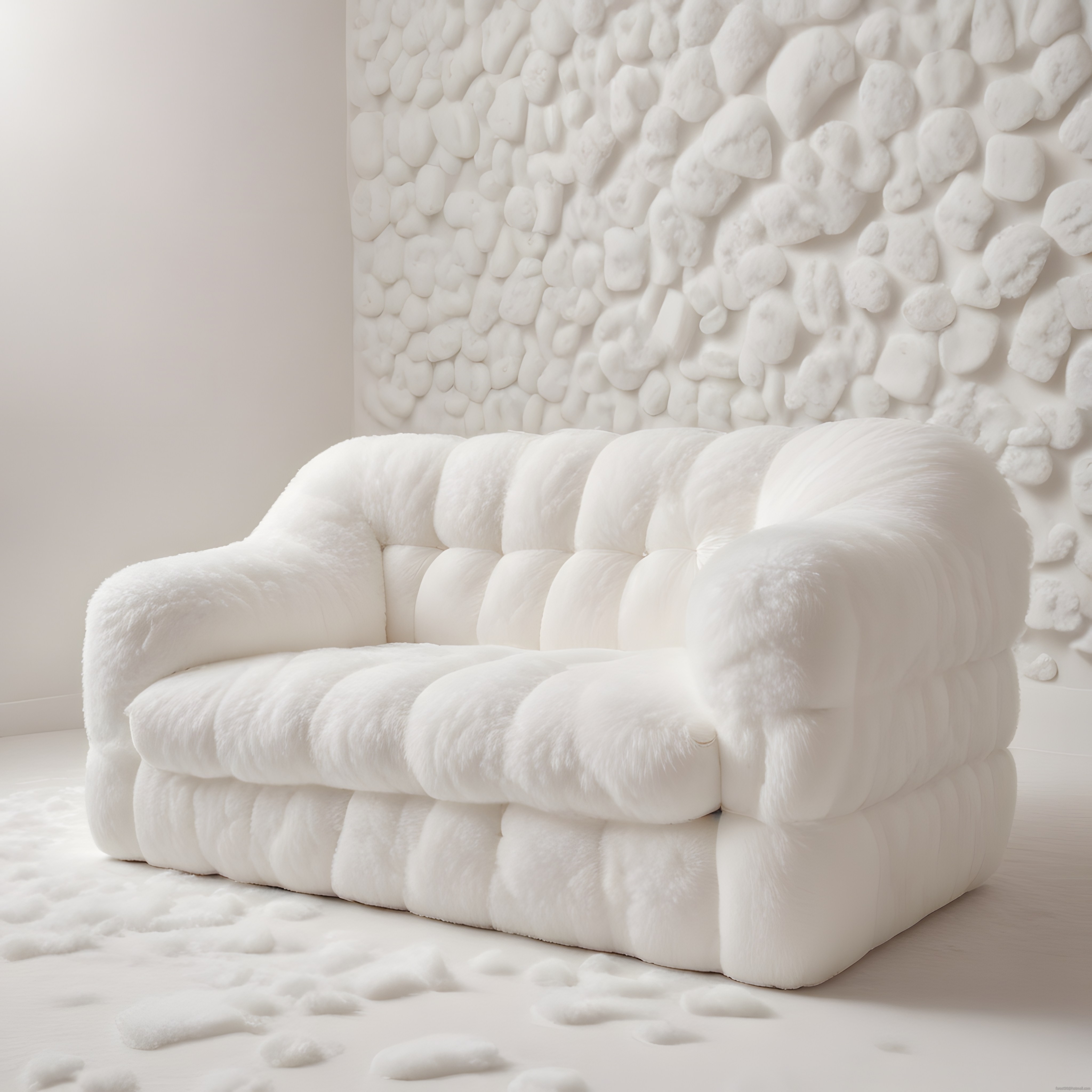 Minimalist Beyaz Oda Tasarımı: Pelüş Kanepe ve Kabartmalı Duvar Dekoru