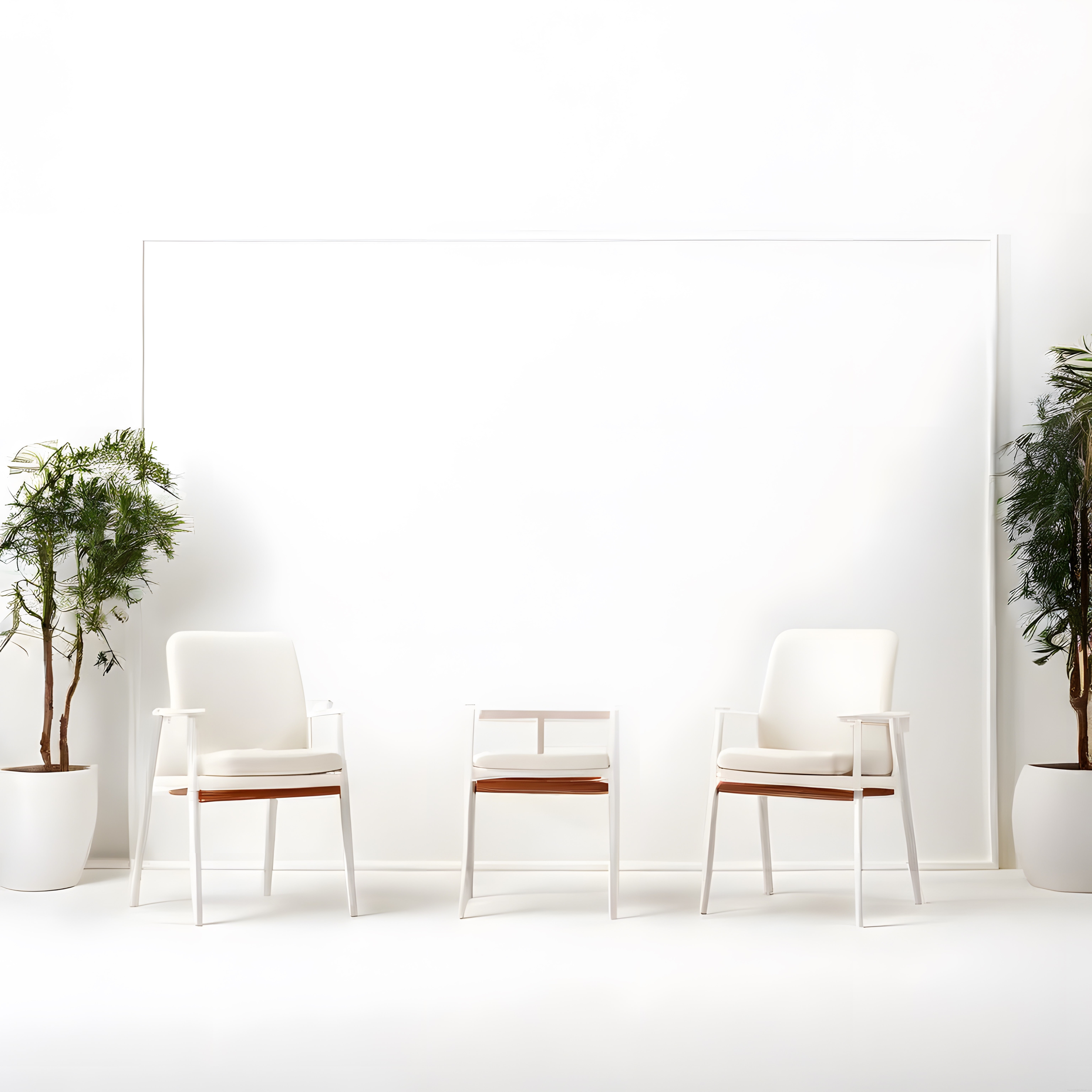 Minimalist Beyaz Oda Tasarımında Modern Sandalyeler ve Bitki Süslemeleri
