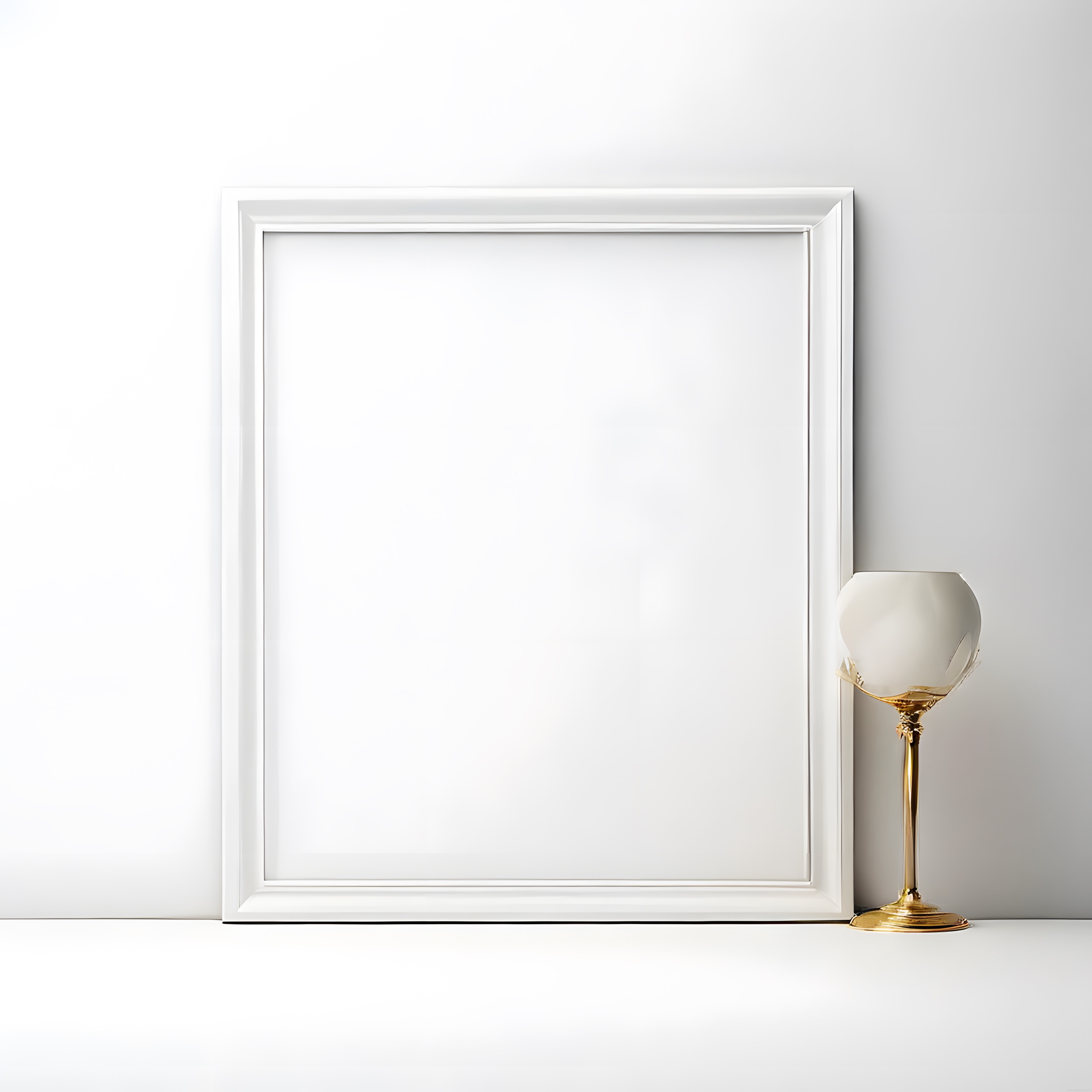 Minimalist Beyaz Odada Boş Çerçeve ve Altın Ayaklı Abajur Dekorasyonu