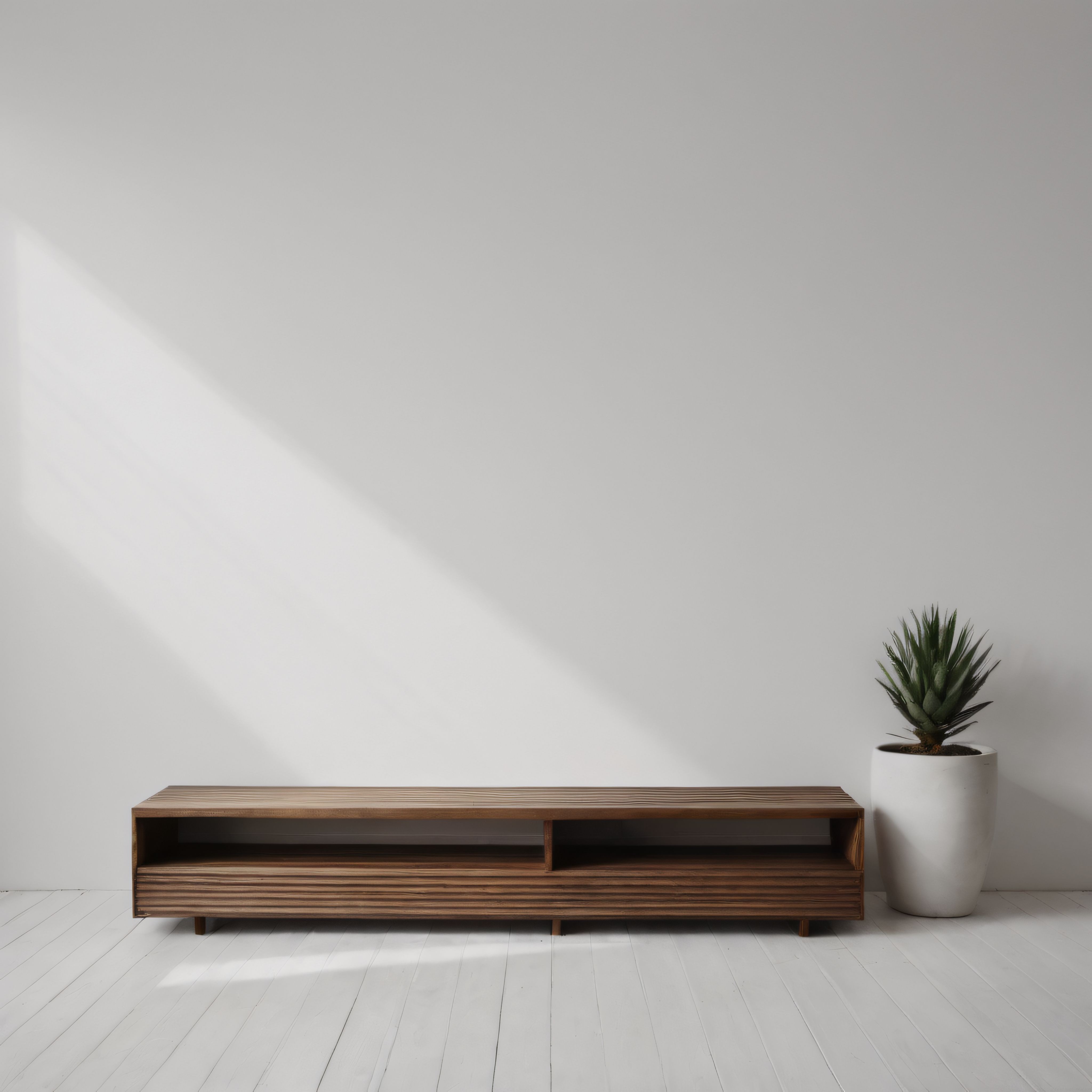 Minimalist beyaz odada ceviz ahşap TV ünitesi ve yeşil saksı bitkisi