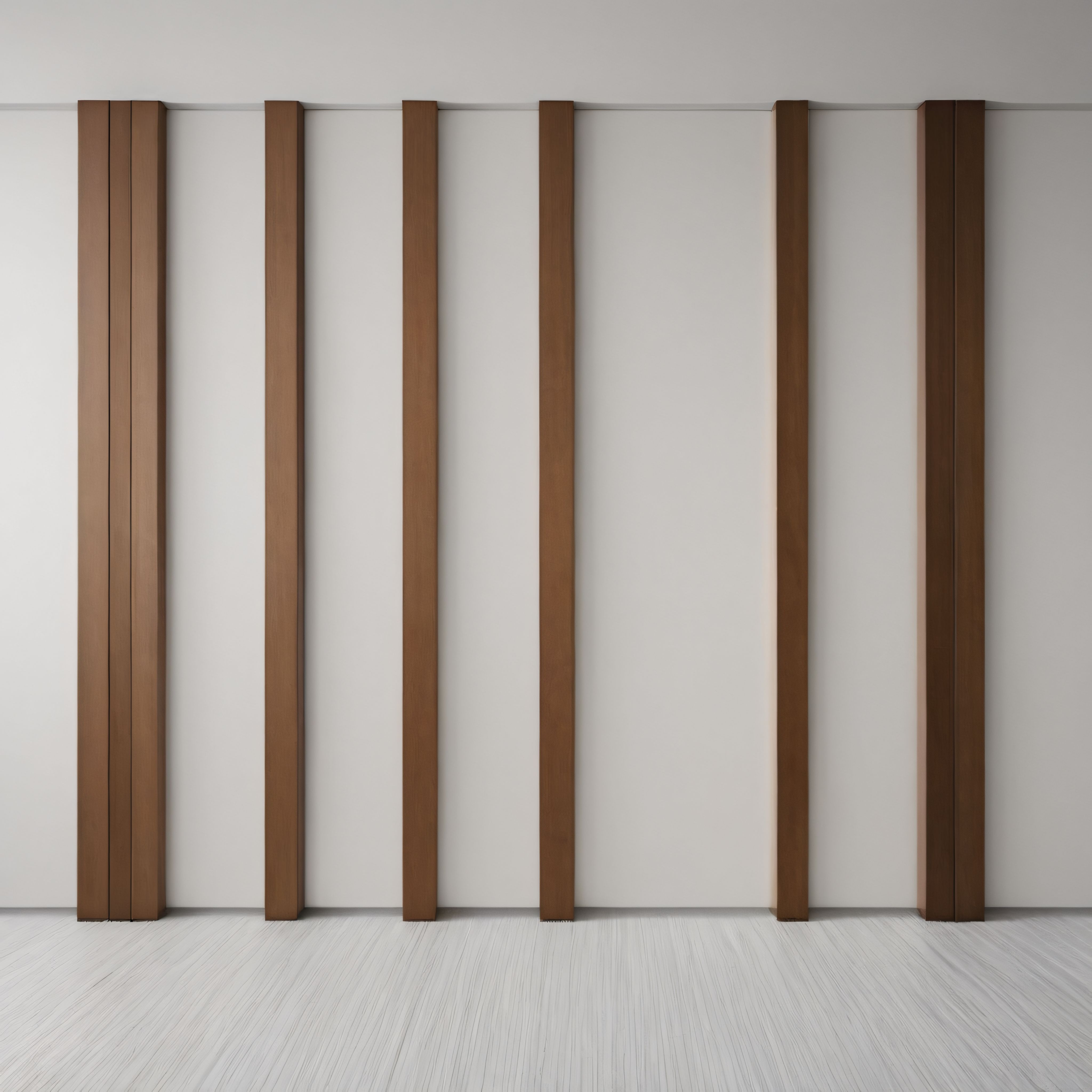 minimalist beyaz odada dikey ahşap lambri duvar dekorasyonu ve beyaz zemin
