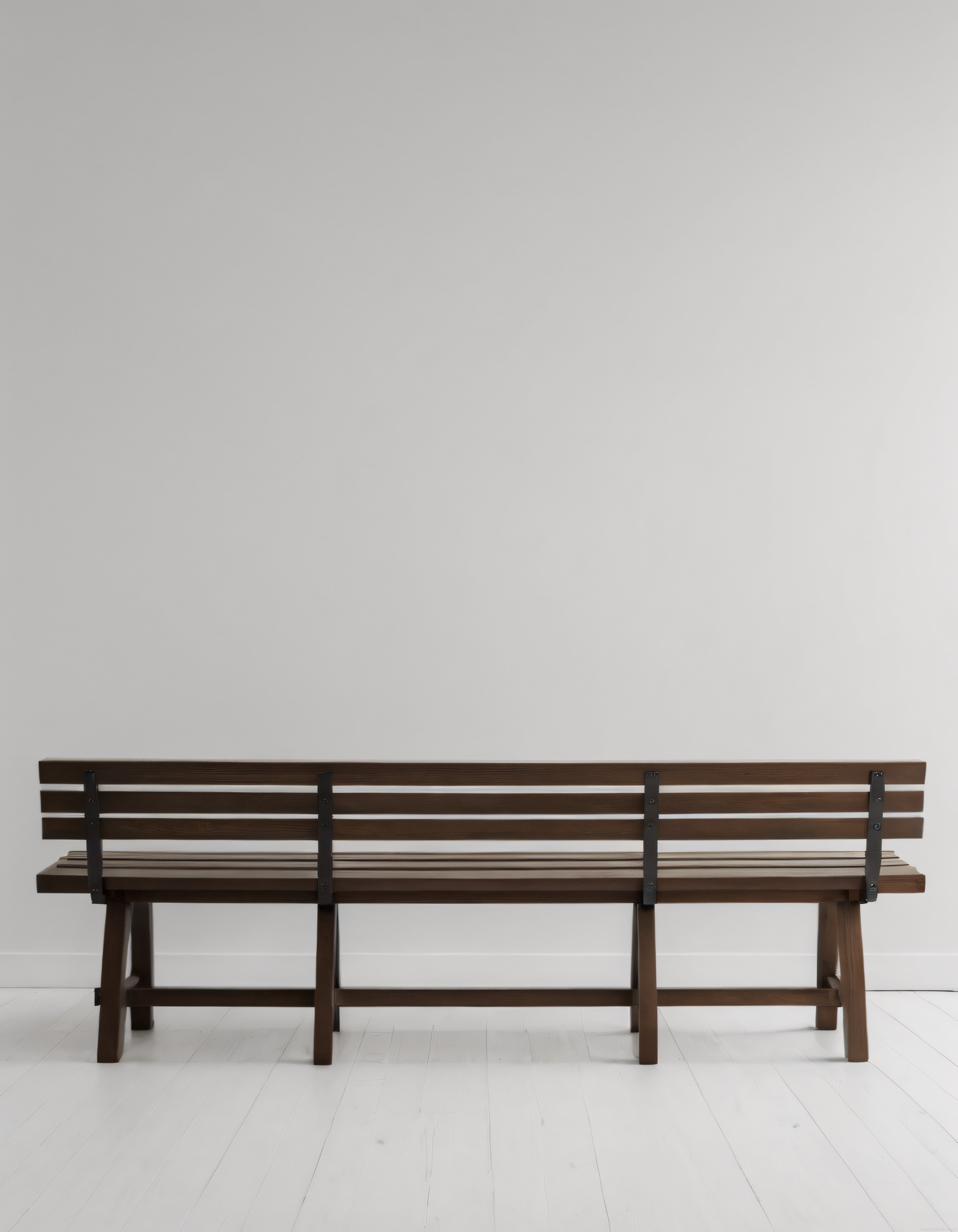 Minimalist beyaz odada koyu ahşap ve siyah metal detaylı uzun bir bank