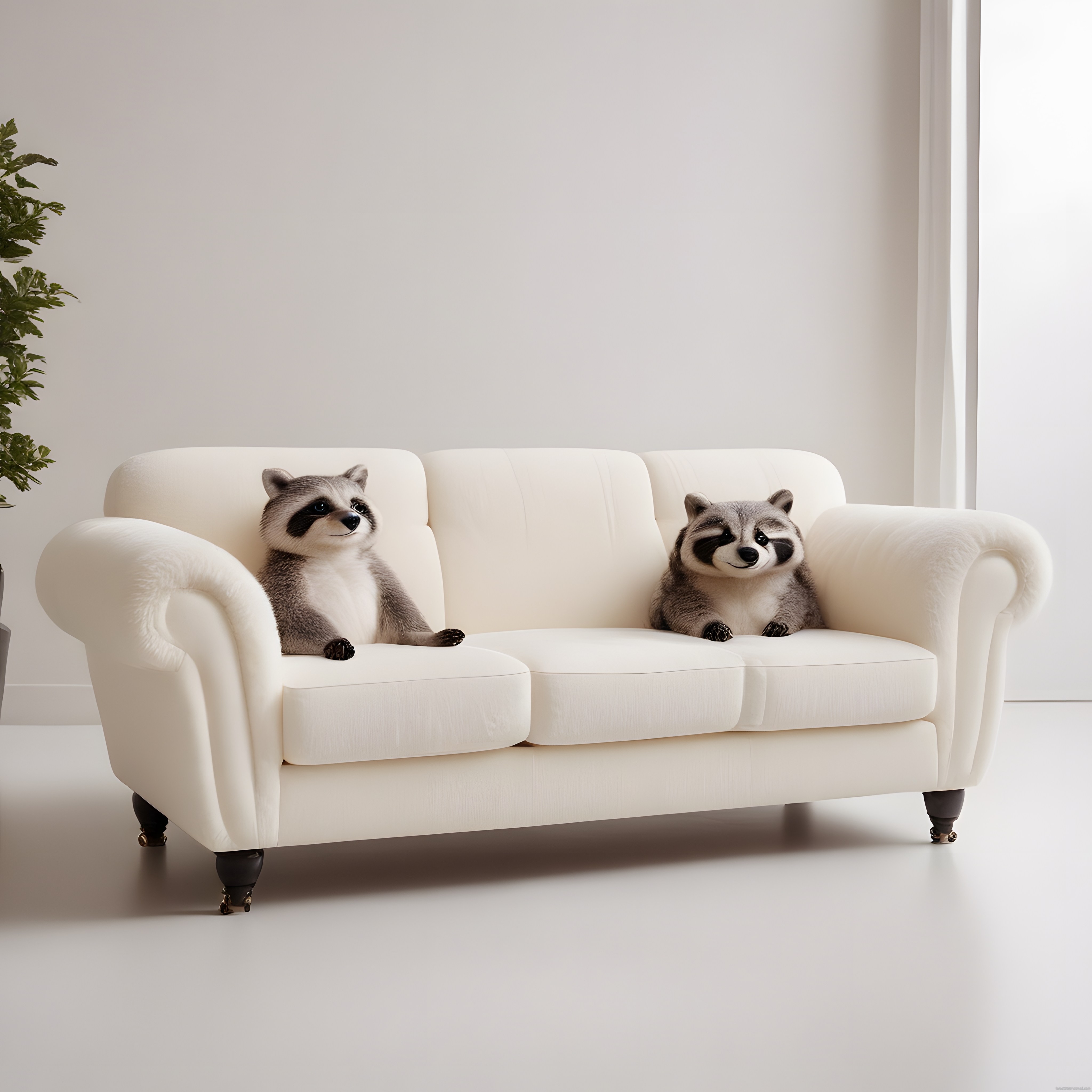 Minimalist Beyaz Odada Krem Koltukta Oturan İki Sevimli Rakun ve Bitki