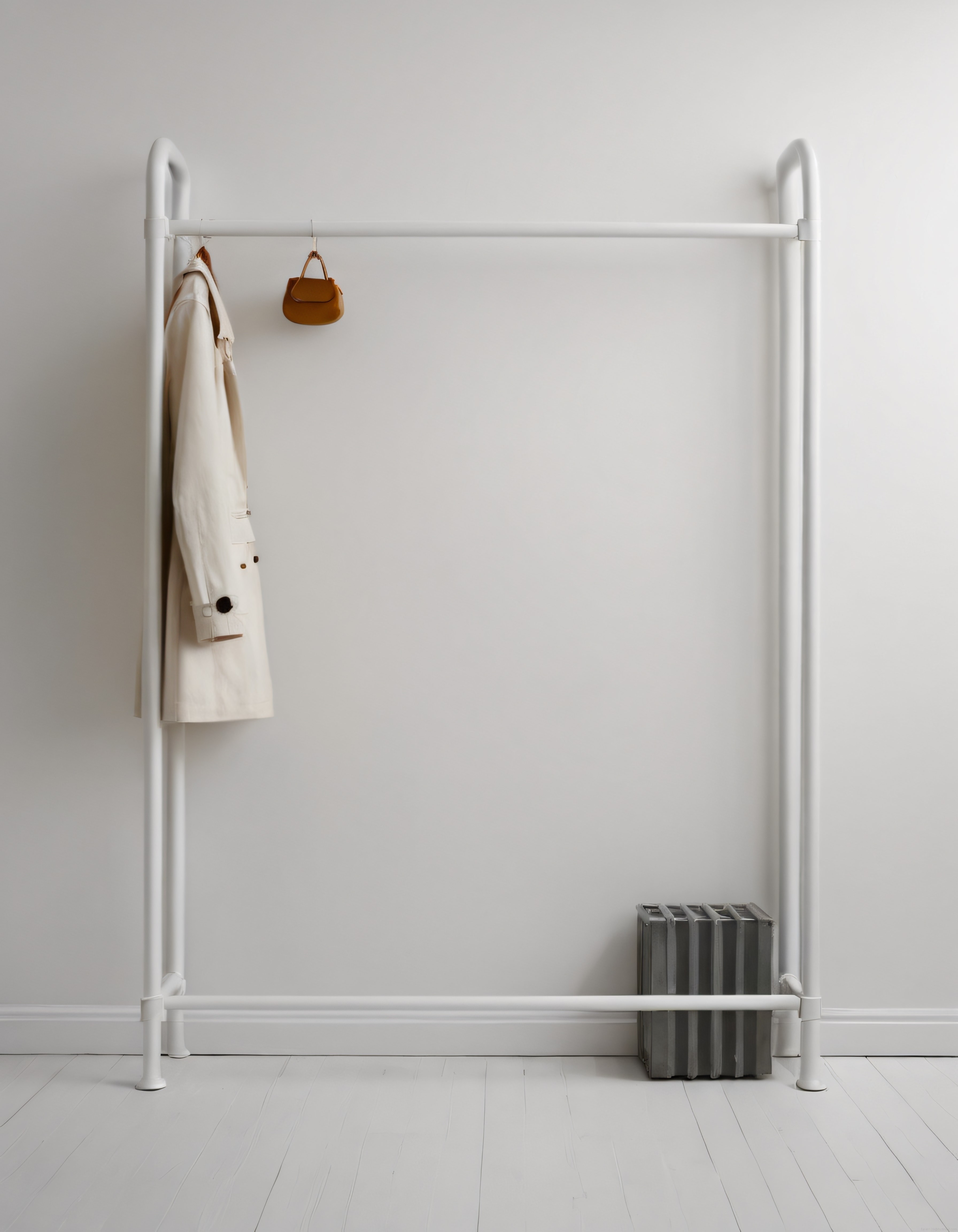 Minimalist Beyaz Odada Modern Giyim Askısı ve Krem Rengi Trençkot