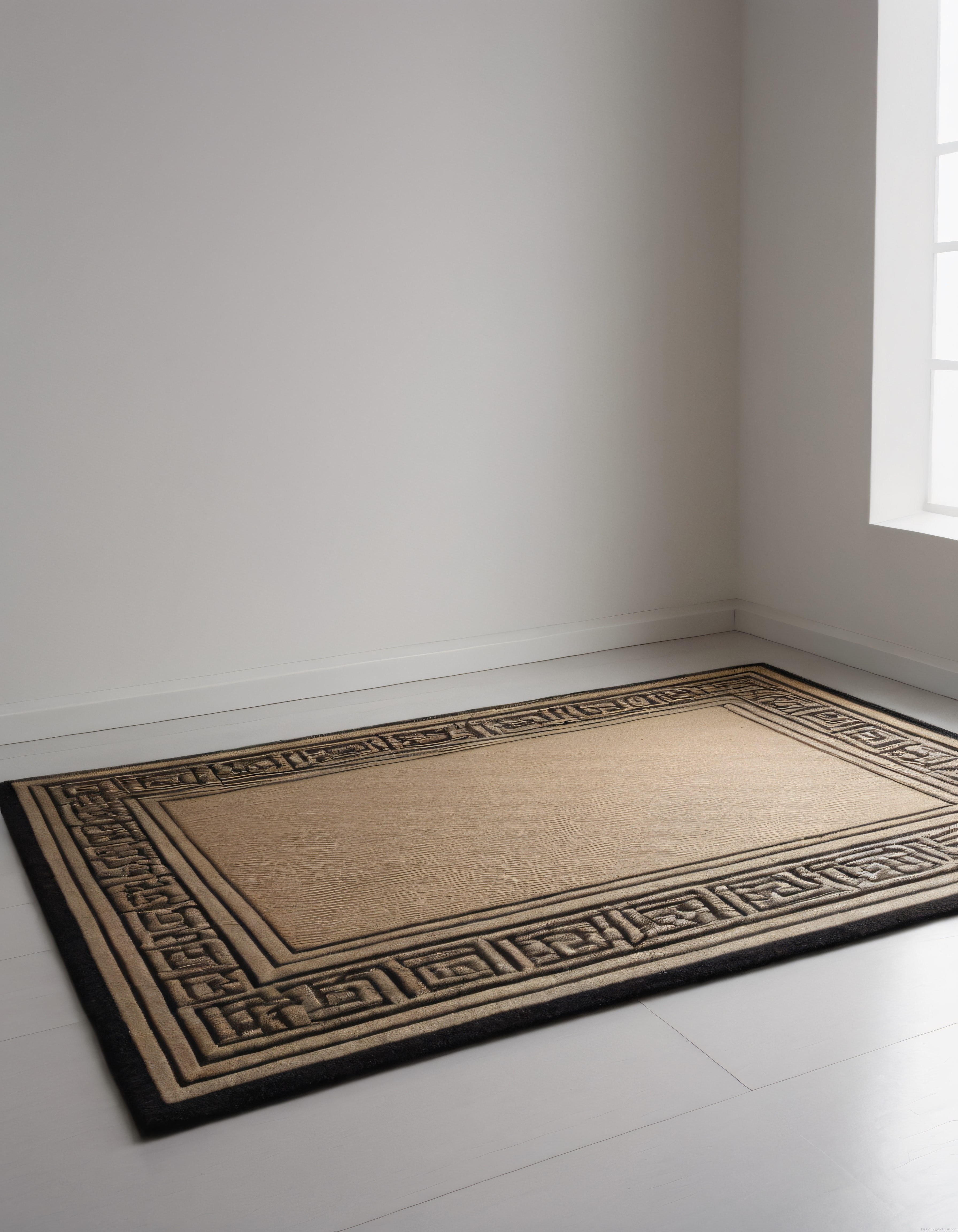 Minimalist Beyaz Odada Pencere Işığıyla Aydınlanan Antik Desenli Halı