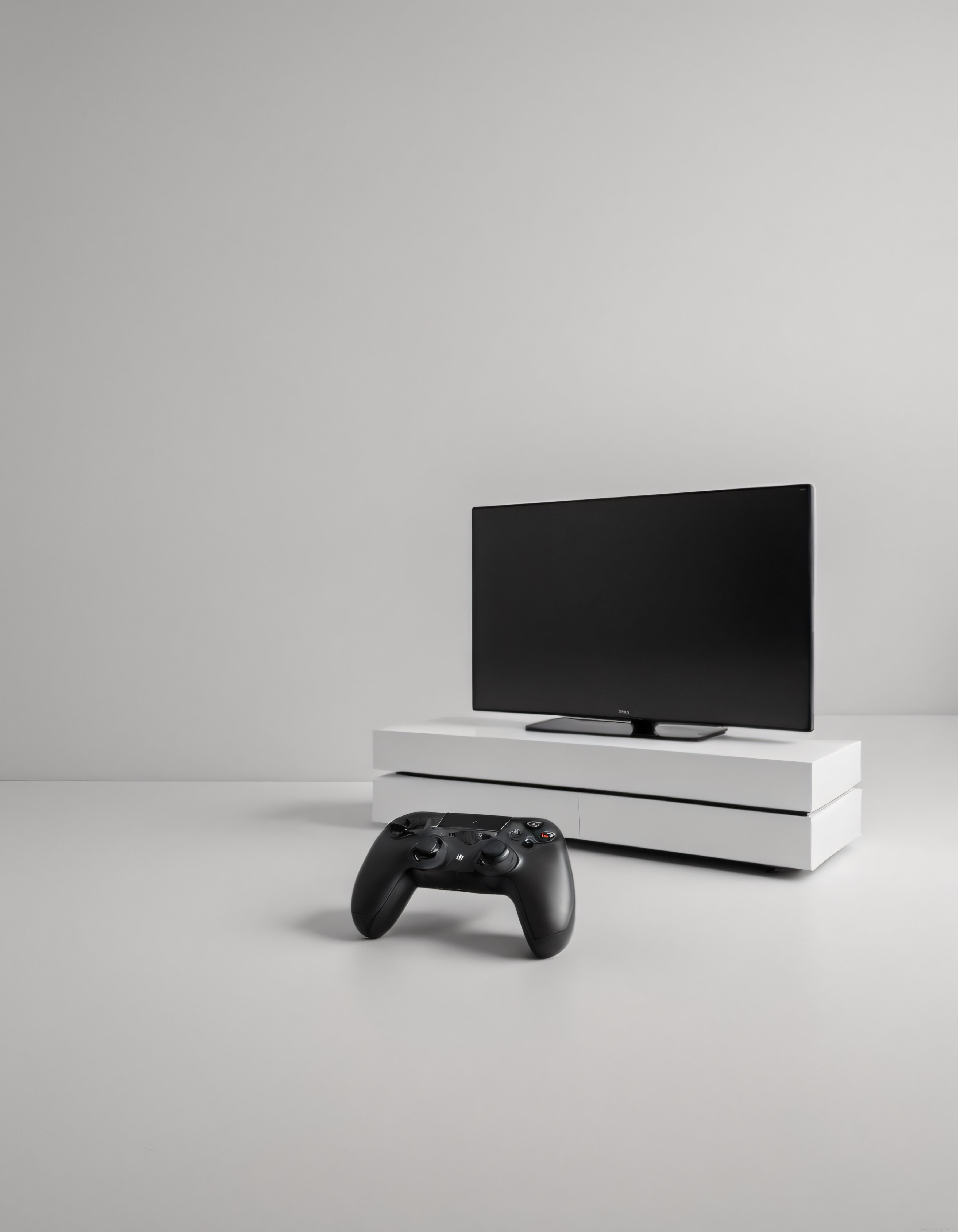 minimalist beyaz odada siyah oyun kumandası ve kapalı modern televizyon