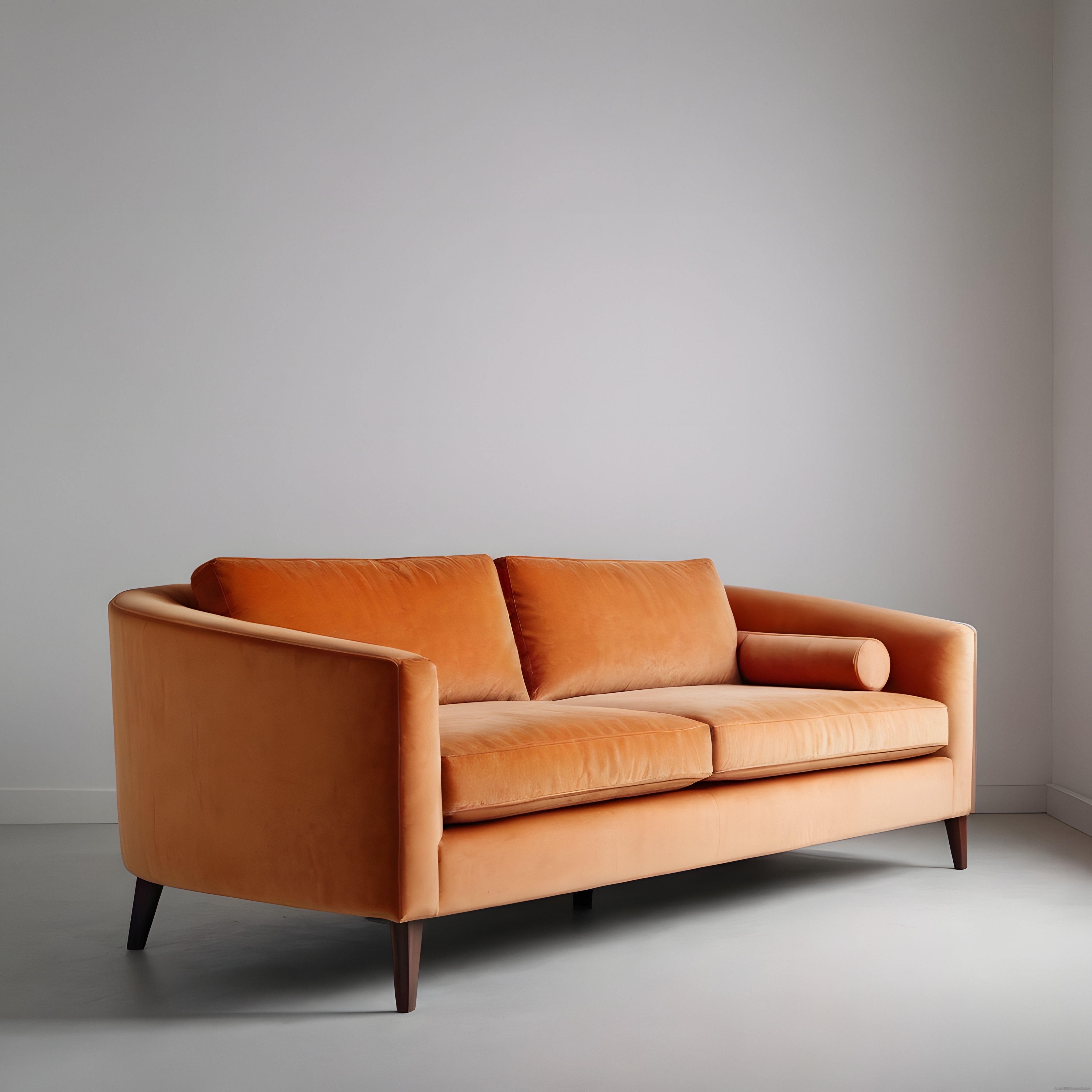 Minimalist beyaz odada turuncu kadife kanepe ve modern salon dekorasyonu