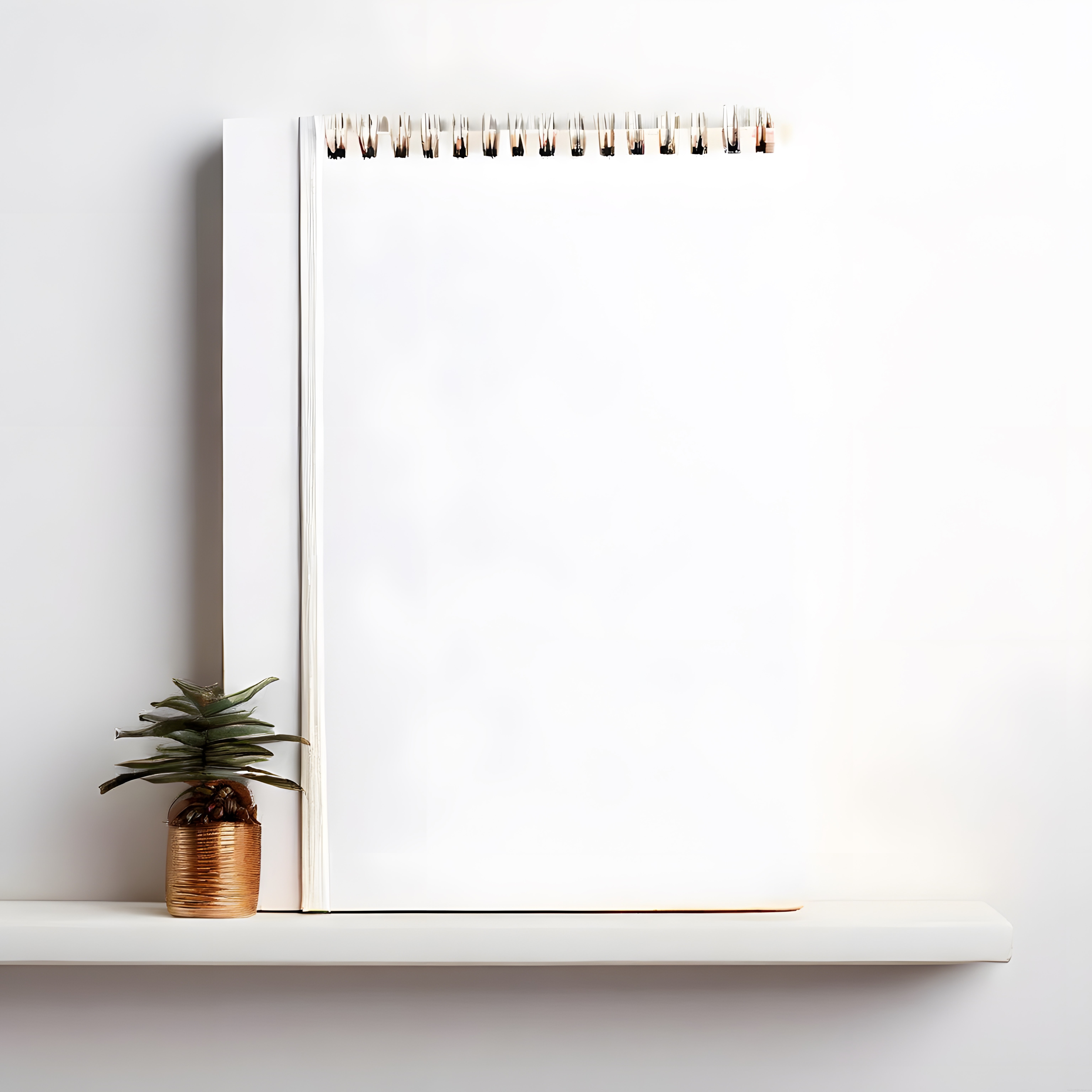 Minimalist Beyaz Ofis Dekorasyonu: Boş Defter ve Sukulent Bitki
