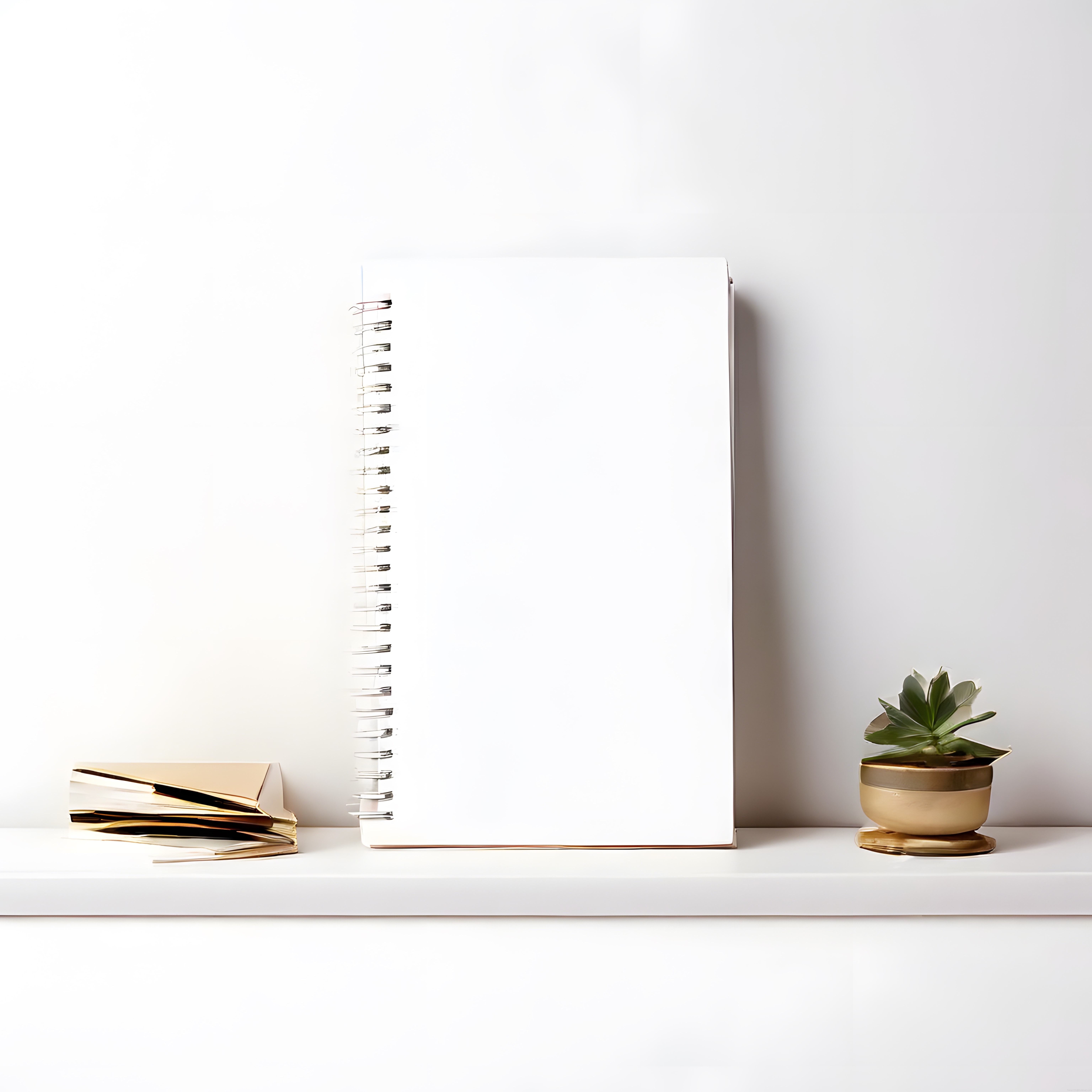 Minimalist Beyaz Ofis Masası: Spiralli Defter, Eski Kağıtlar ve Sukulent Bitki