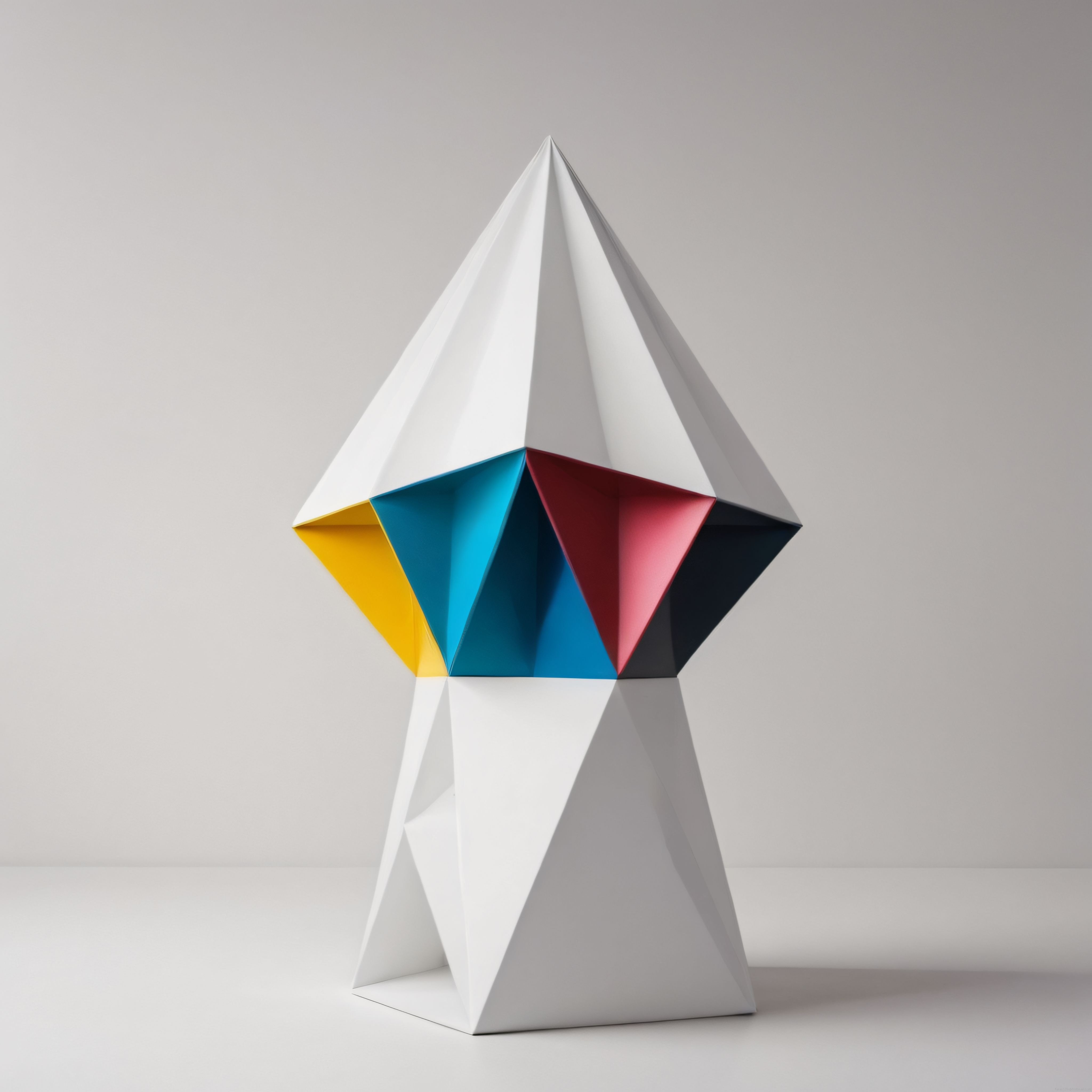 Minimalist Beyaz Ortamda Renkli Geometrik Kağıt Heykel ve Soyut Sanat