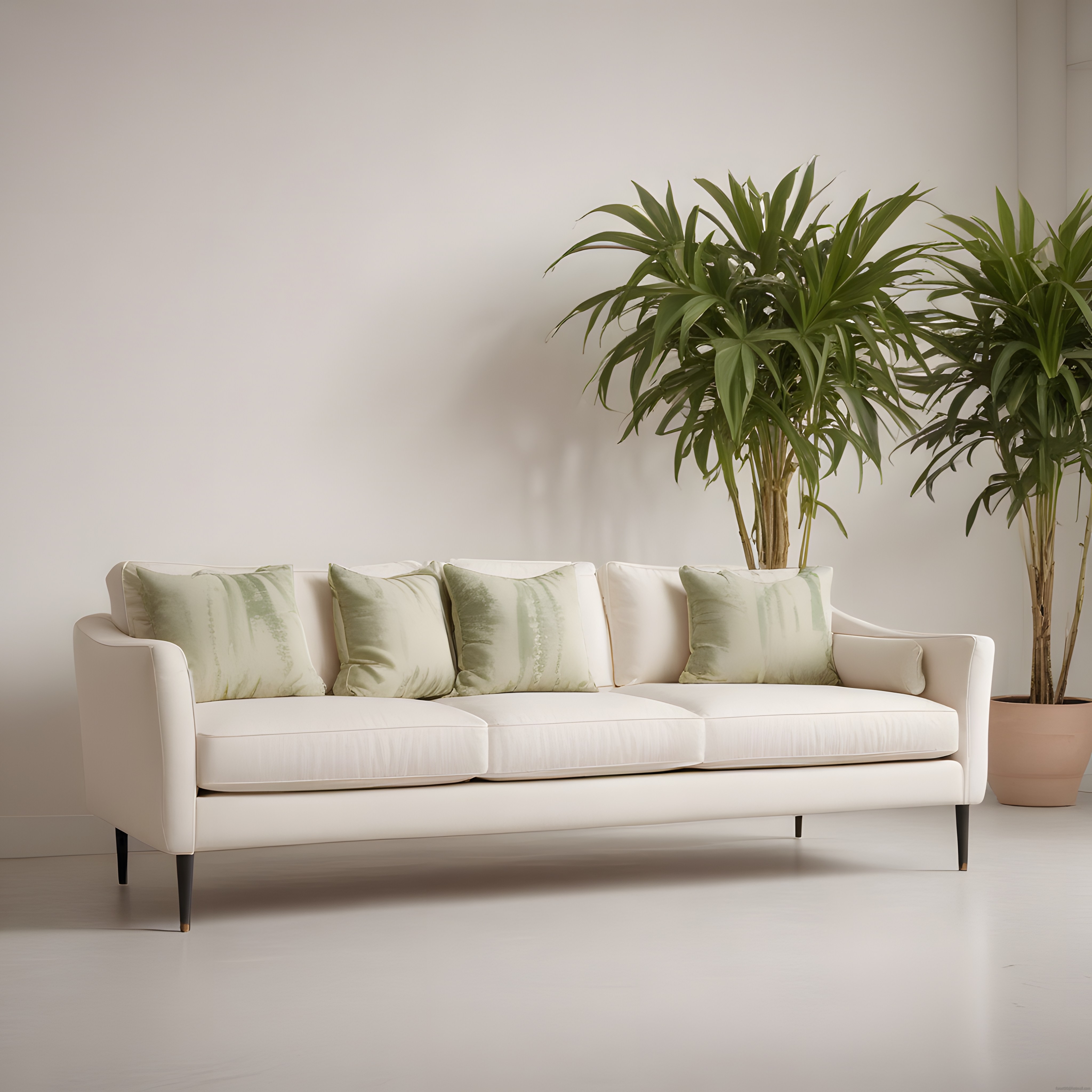 Minimalist Beyaz Oturma Odası: Modern Kanepe ve Bitkilerle Sade Dekorasyon