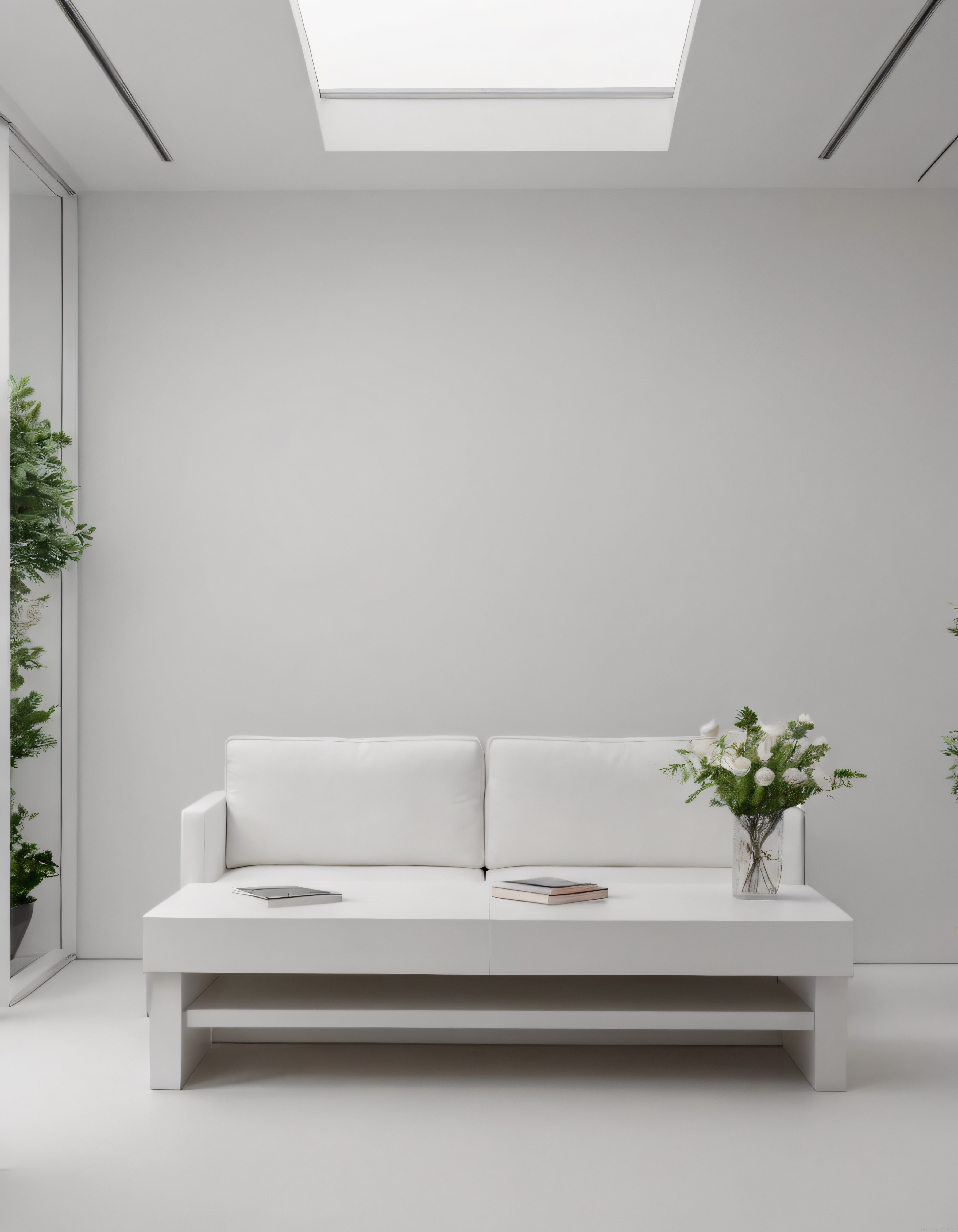 Minimalist Beyaz Oturma Odası: Modern Skylight ve Sade Dekorasyon
