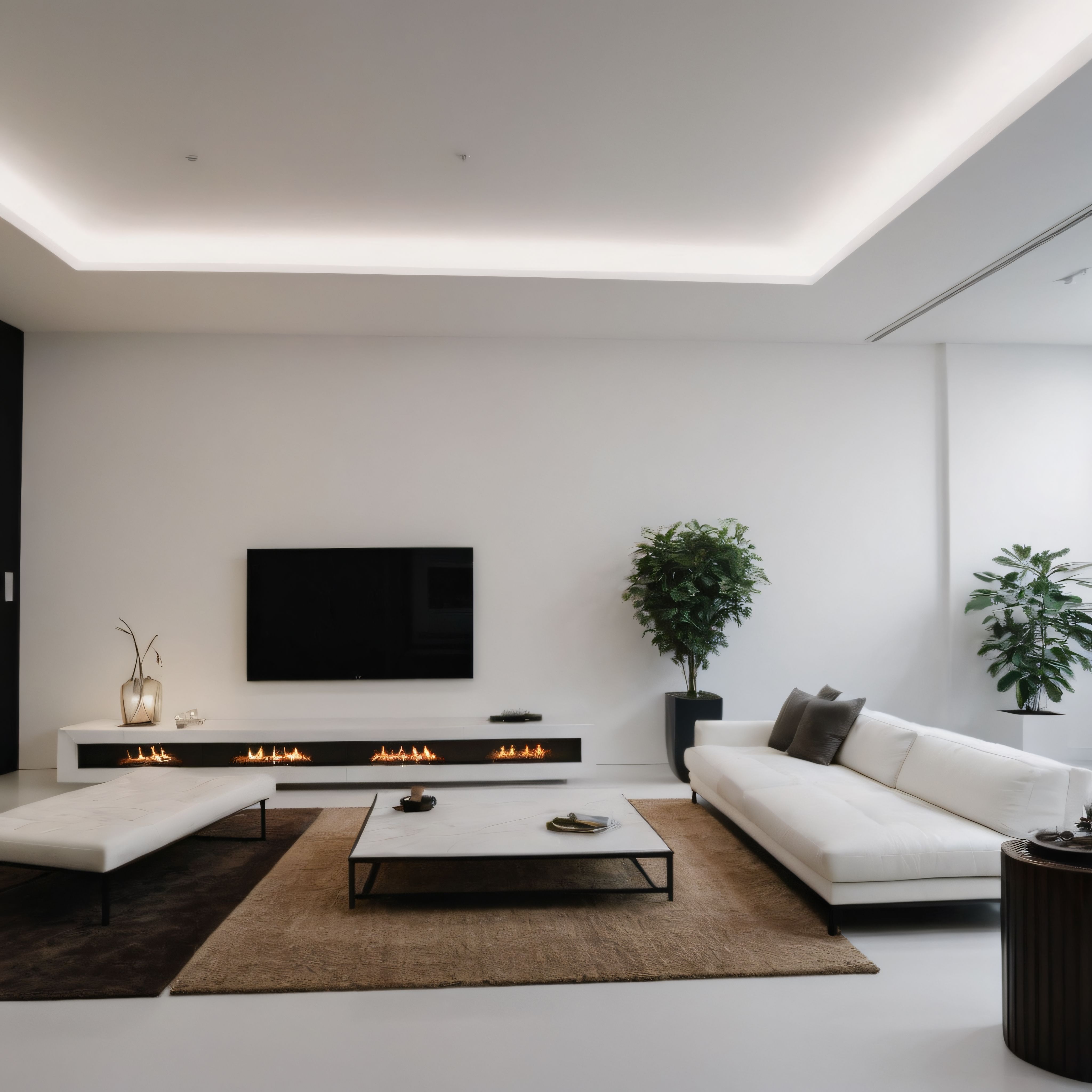 Minimalist Beyaz Oturma Odası: Modern Şömine ve Zarif Aydınlatma Detayları