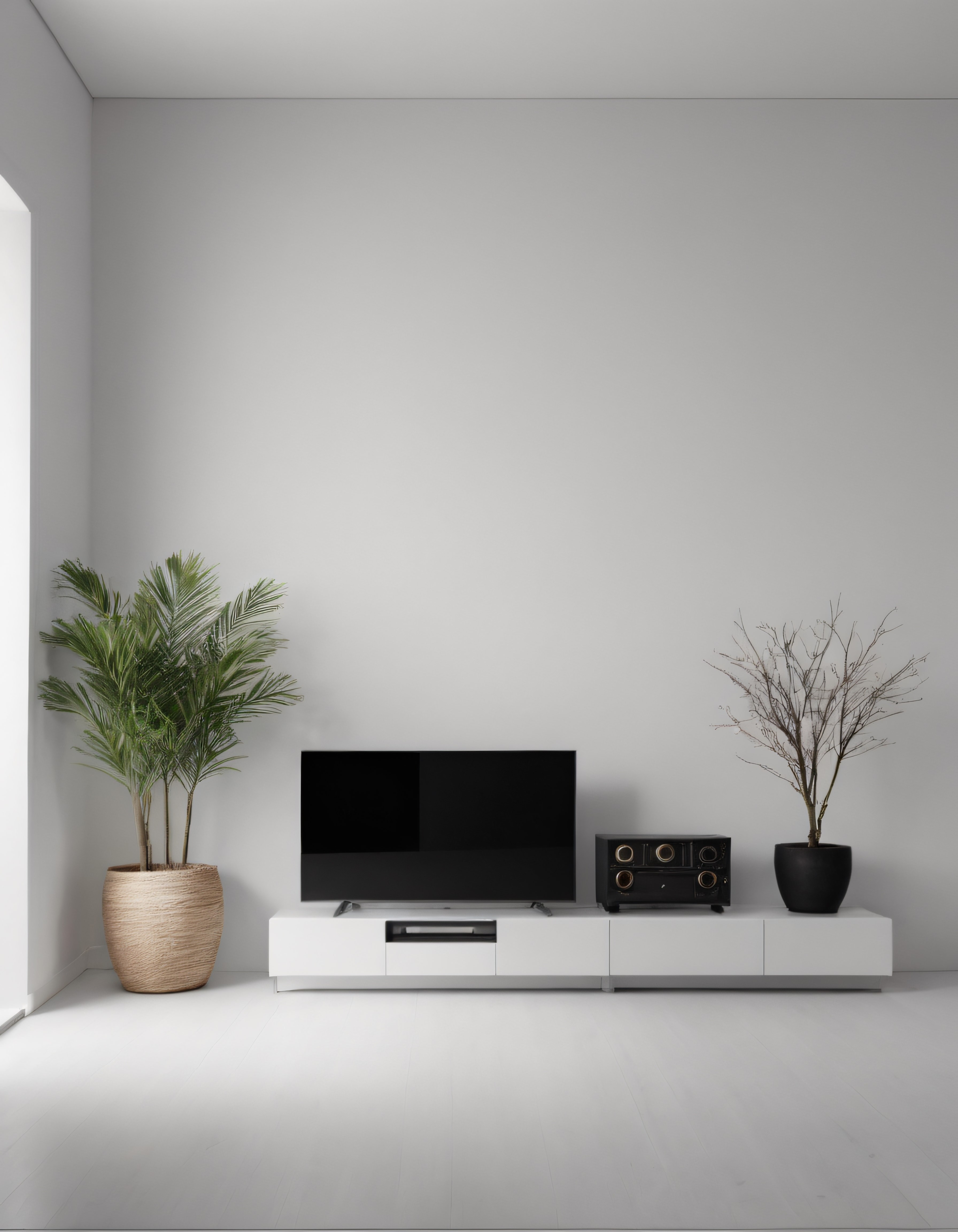 Minimalist Beyaz Oturma Odası: Modern TV Ünitesi ve Doğal Bitki Dekoru
