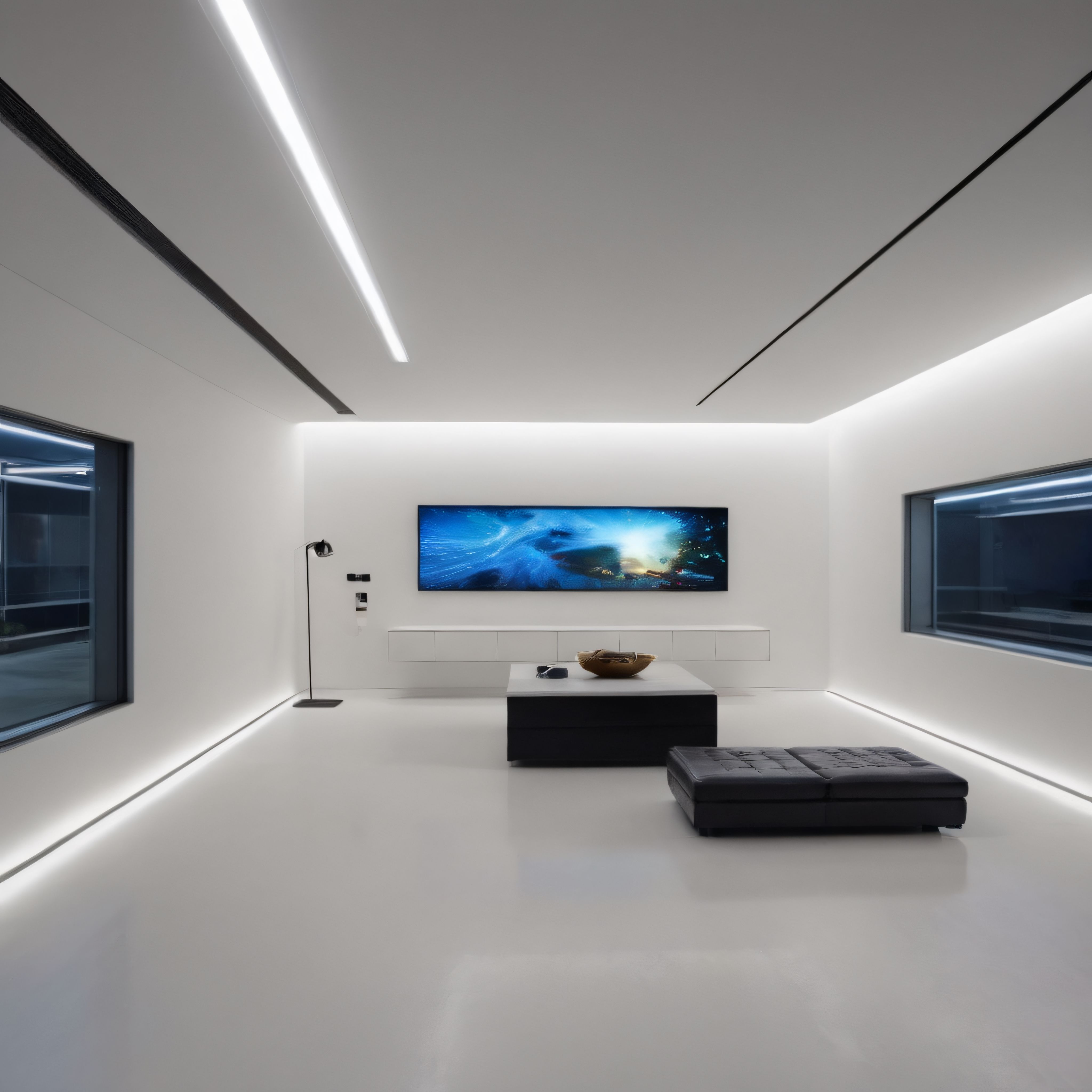 Minimalist Beyaz Oturma Odası ve Entegre Aydınlatmalı Ev Sinema Alanı