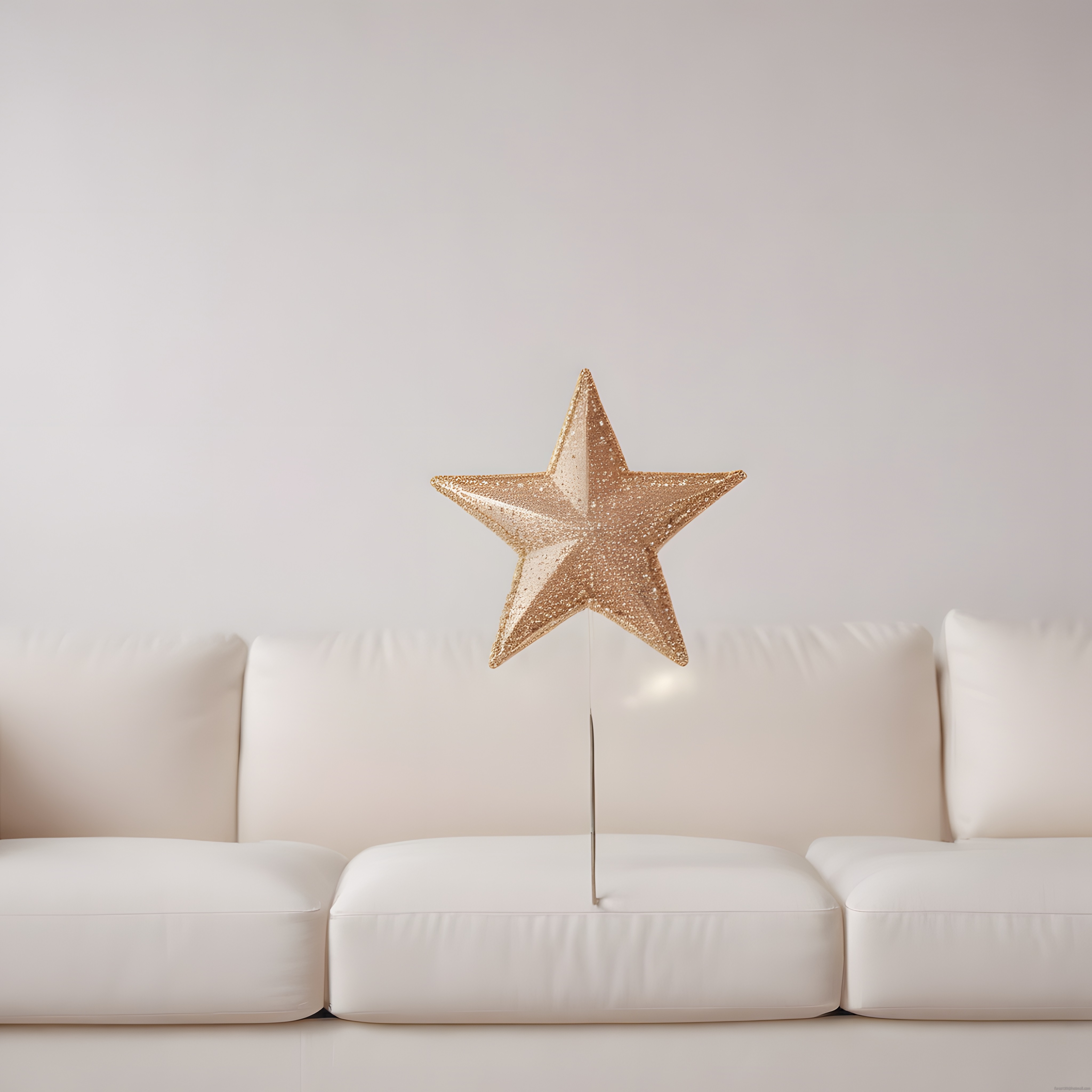 Minimalist Beyaz Oturma Odasında Parıltılı Altın Yıldız Dekorasyonu