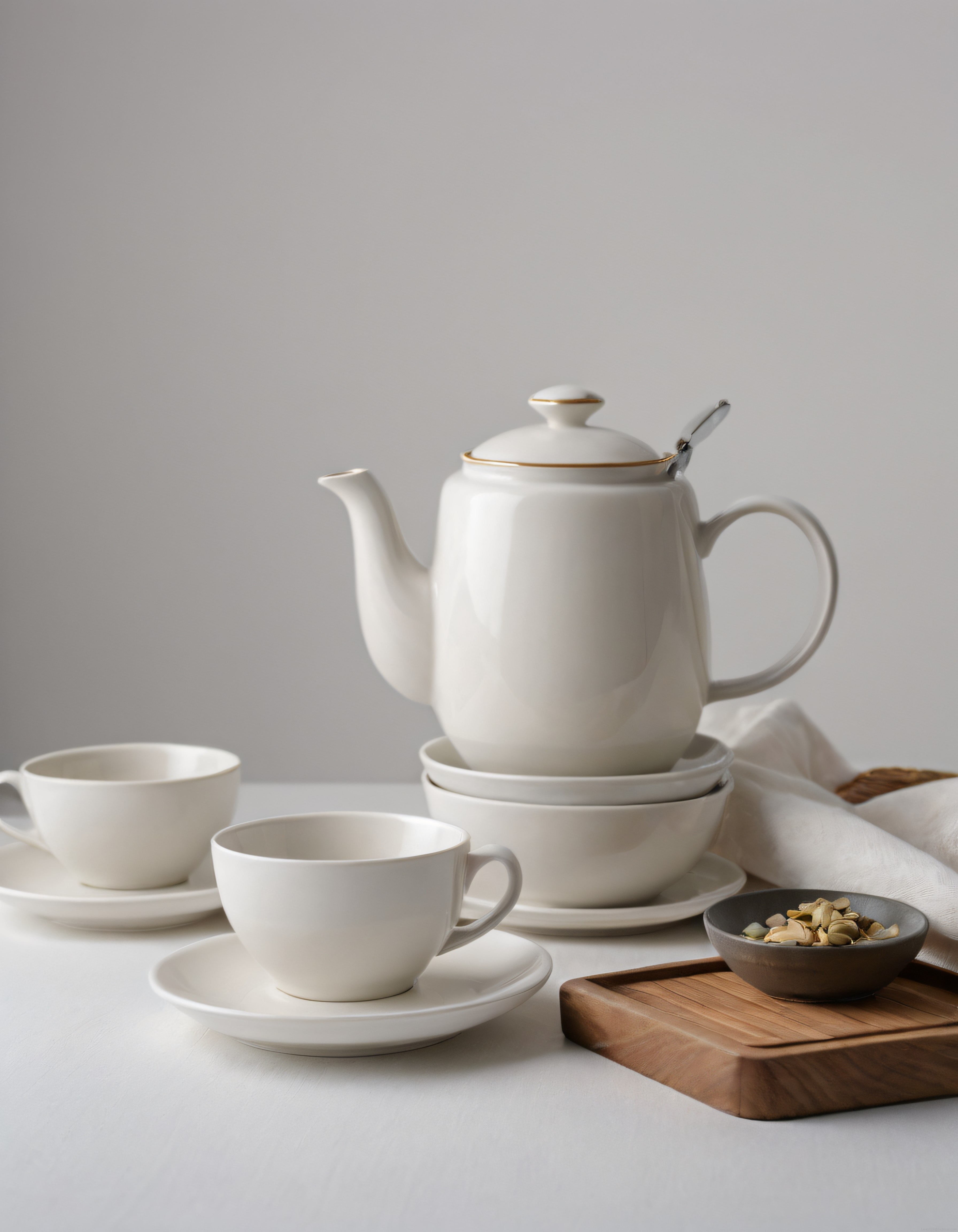Minimalist Beyaz Porselen Çay Takımı ile Ahşap Sunumlu Sade Masa Düzeni