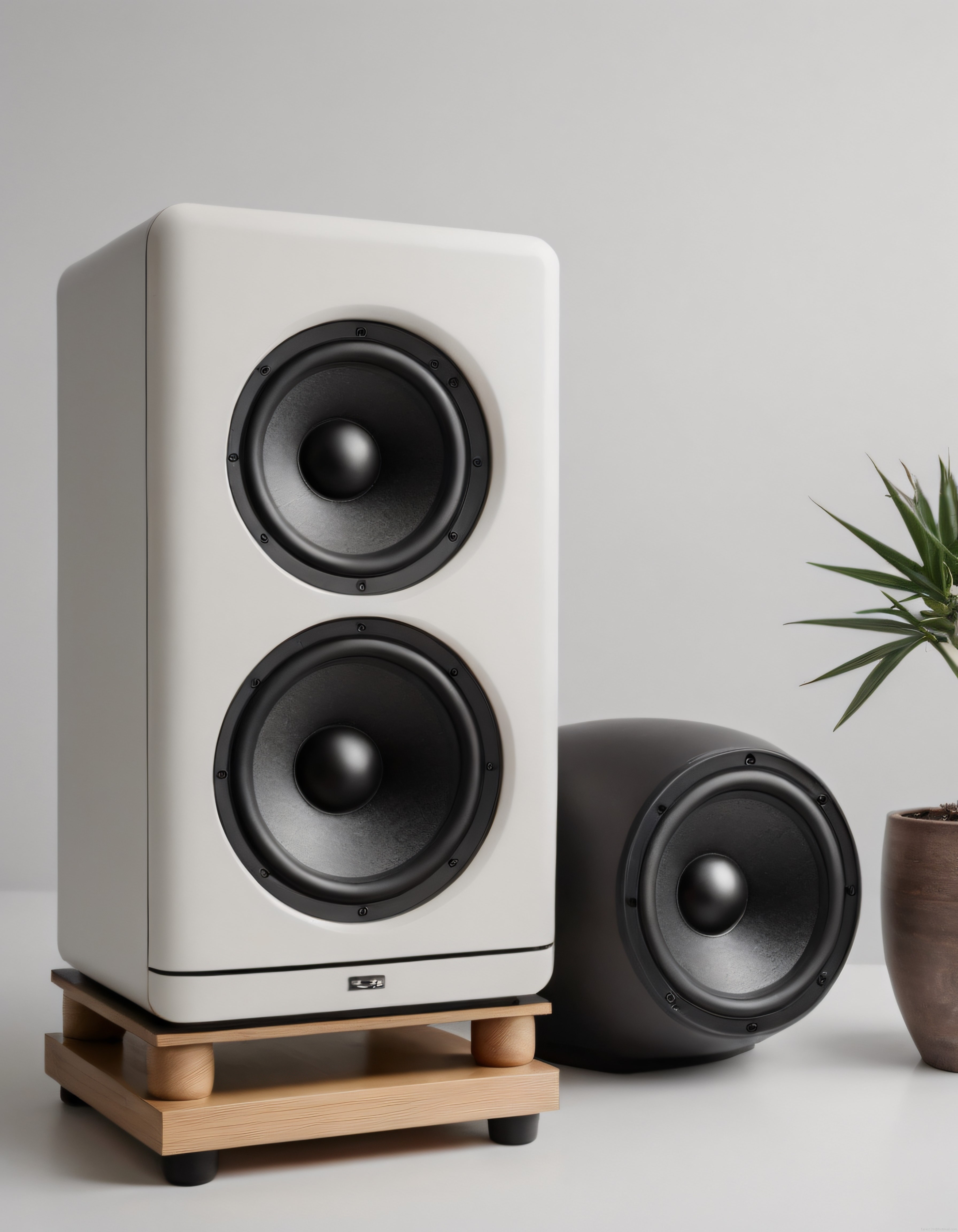 Minimalist Beyaz Raf Hoparlör ve Siyah Subwoofer ile Modern Ses Sistemi