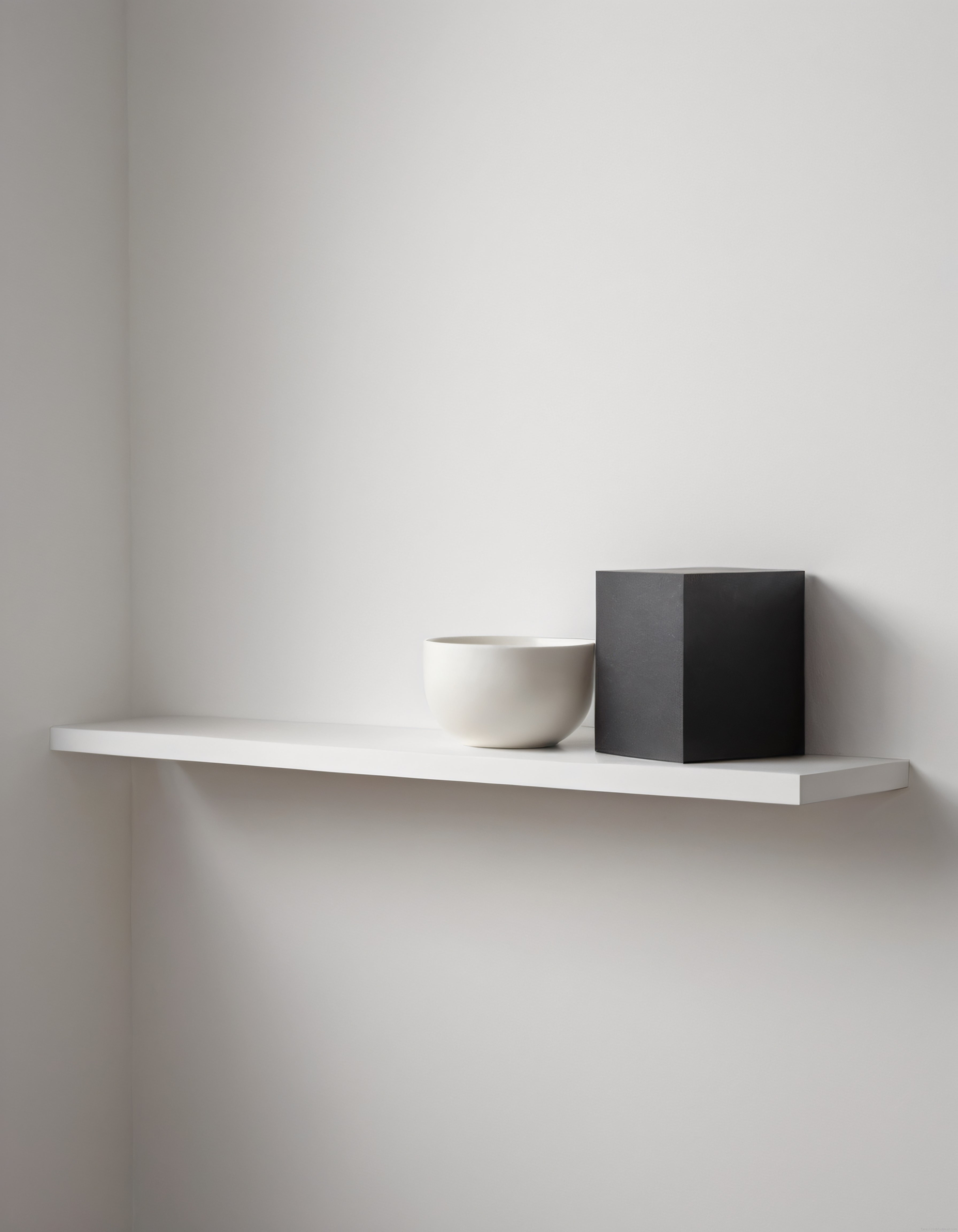 Minimalist Beyaz Raf Üzerinde Siyah Küp ve Seramik Kase Dekorasyonu
