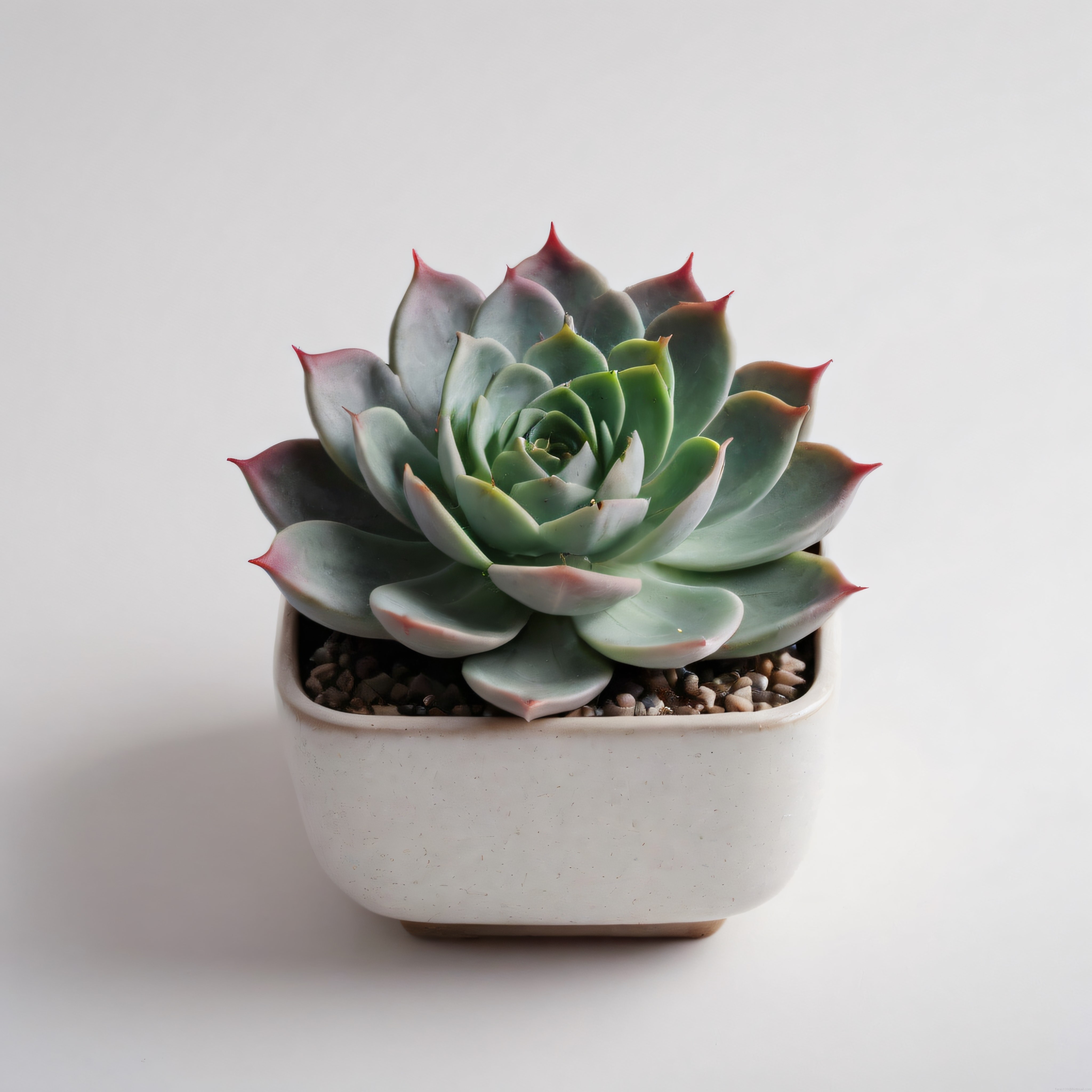 Minimalist beyaz saksıda pastel tonlu echeveria sukulent bitki çekimi