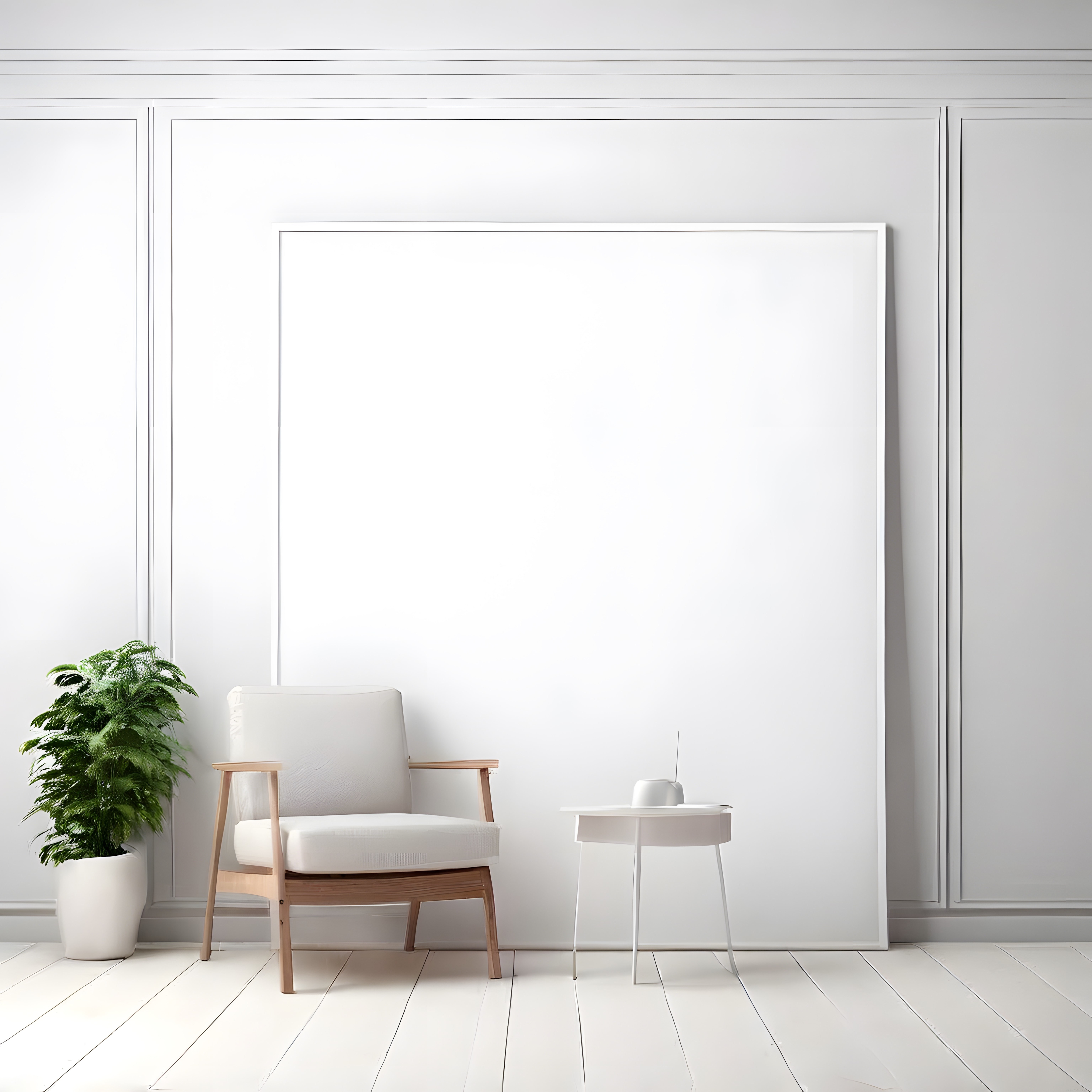 Minimalist Beyaz Salon: Ahşap Sandalye ve Boş Çerçeveli Sade Dekorasyon