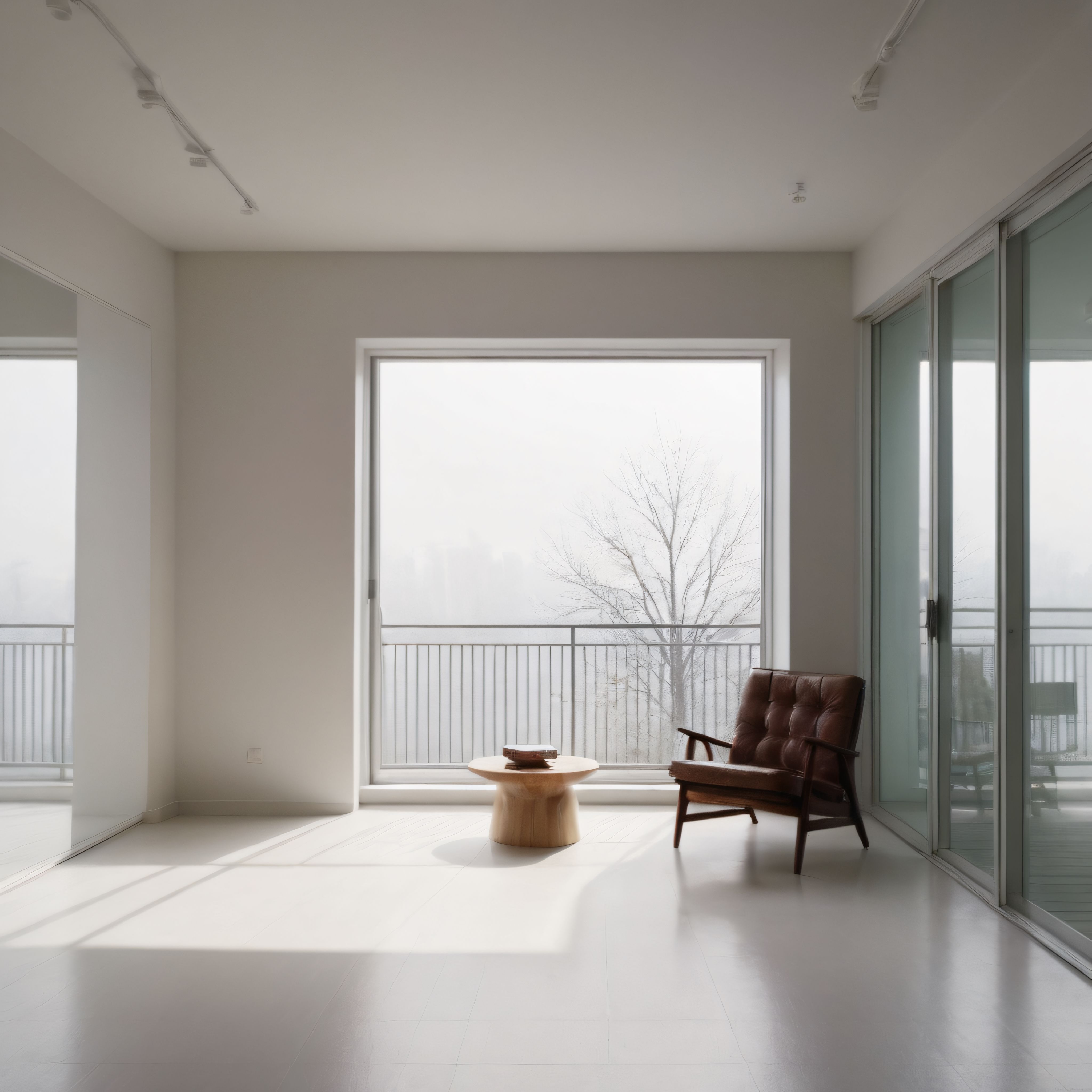 Minimalist beyaz salon, balkon manzaralı pencere ve doğal ışıkla huzurlu bir yaşam alanı