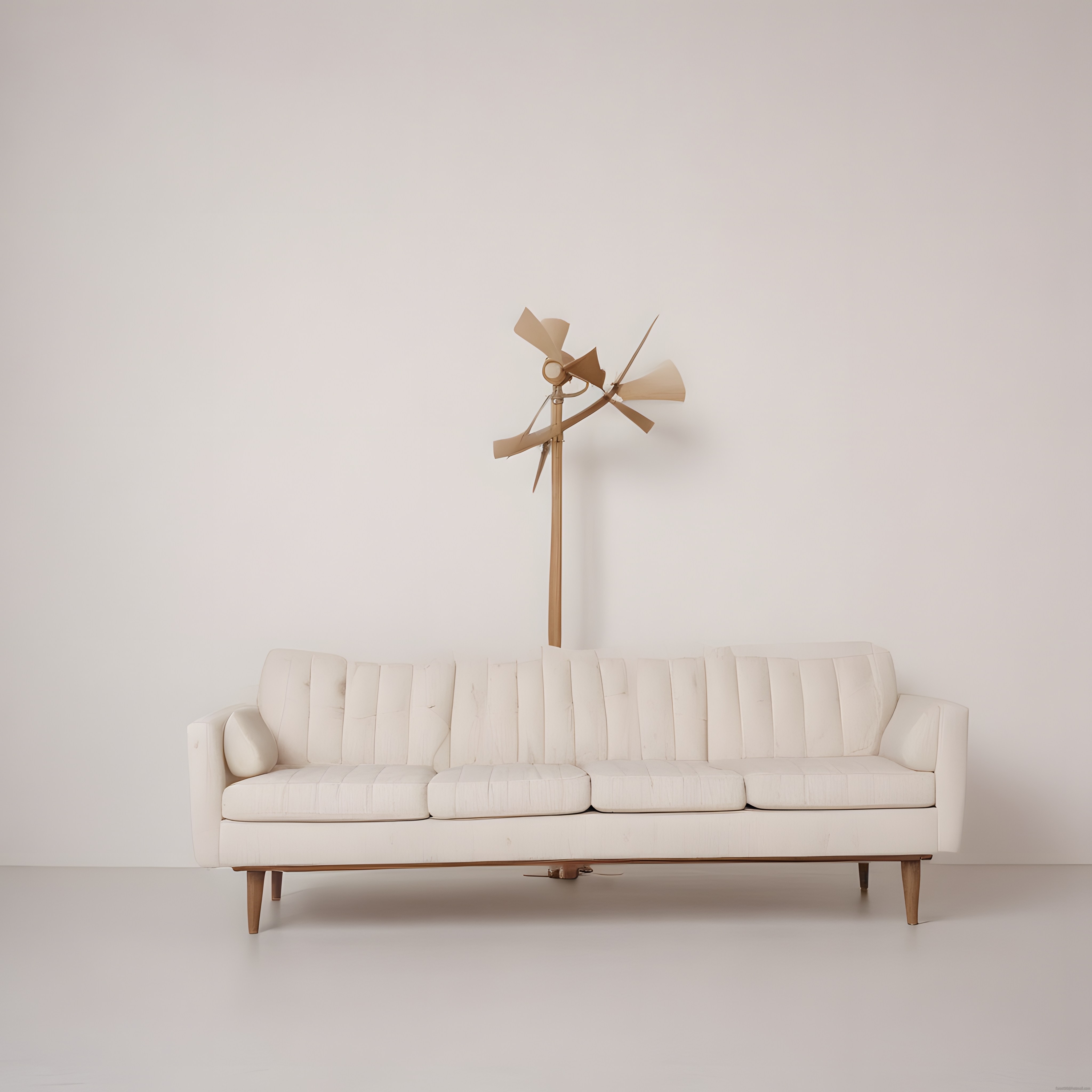 Minimalist Beyaz Salon Dekorasyonu: Modern Kanepe ve Ahşap Vantilatör Lambası