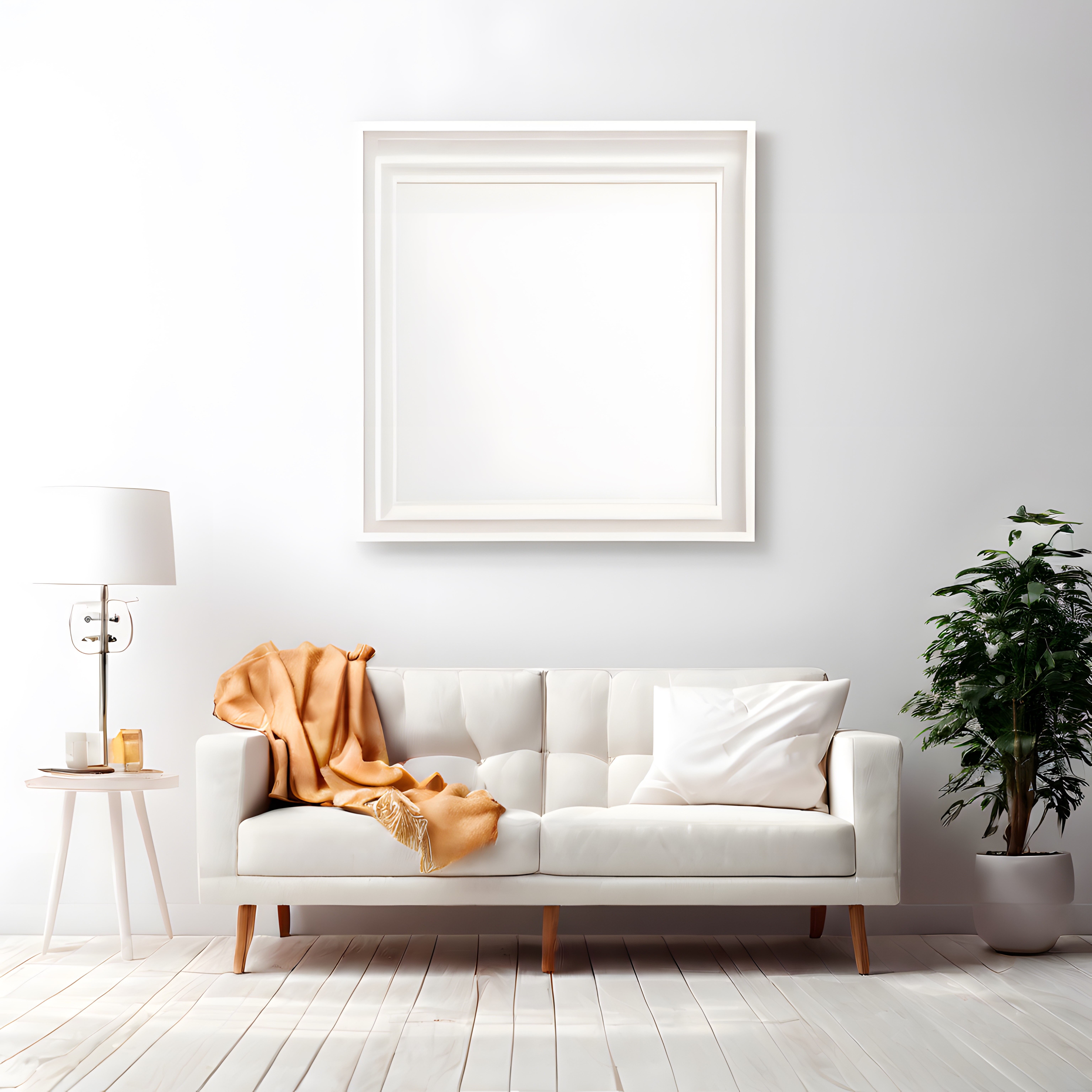 Minimalist Beyaz Salon Dekorasyonu ve Boş Duvar Çerçevesi Mockup Görseli