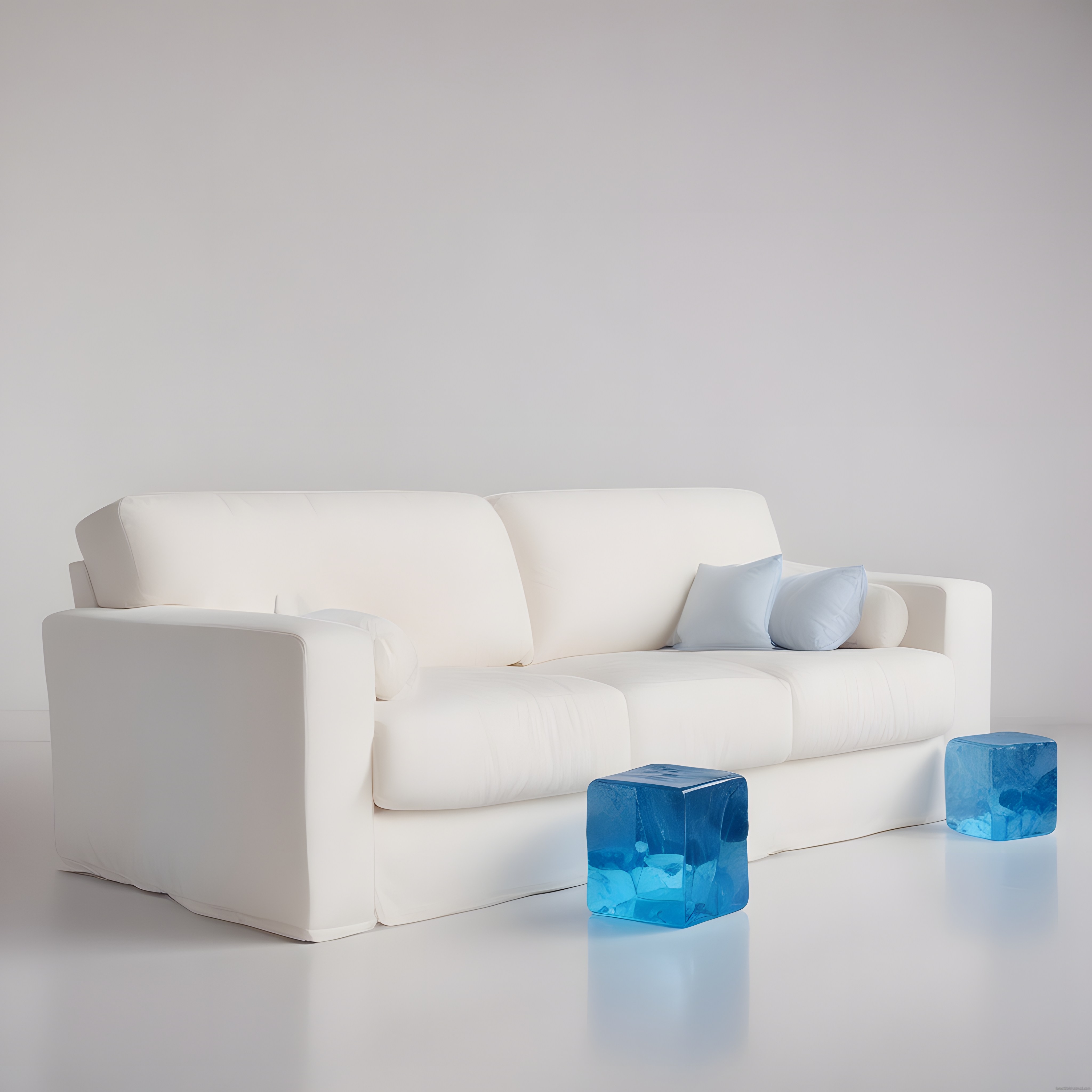 Minimalist Beyaz Salon Dekorasyonu ve Mavi Buz Küpleri ile Modern Tasarım