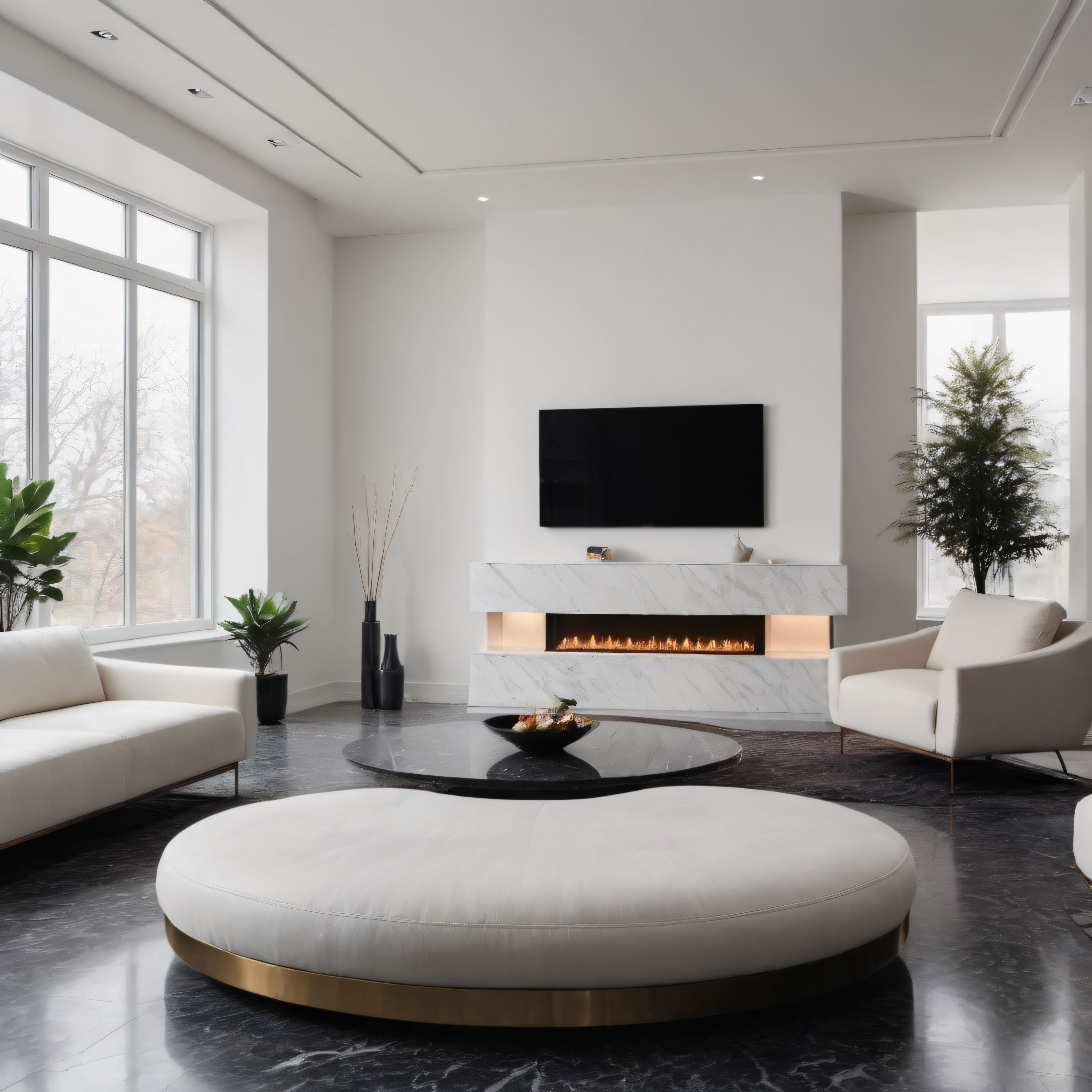 Minimalist Beyaz Salon Dekorasyonu ve Mermer Şömine ile Lüks Yaşam Alanı