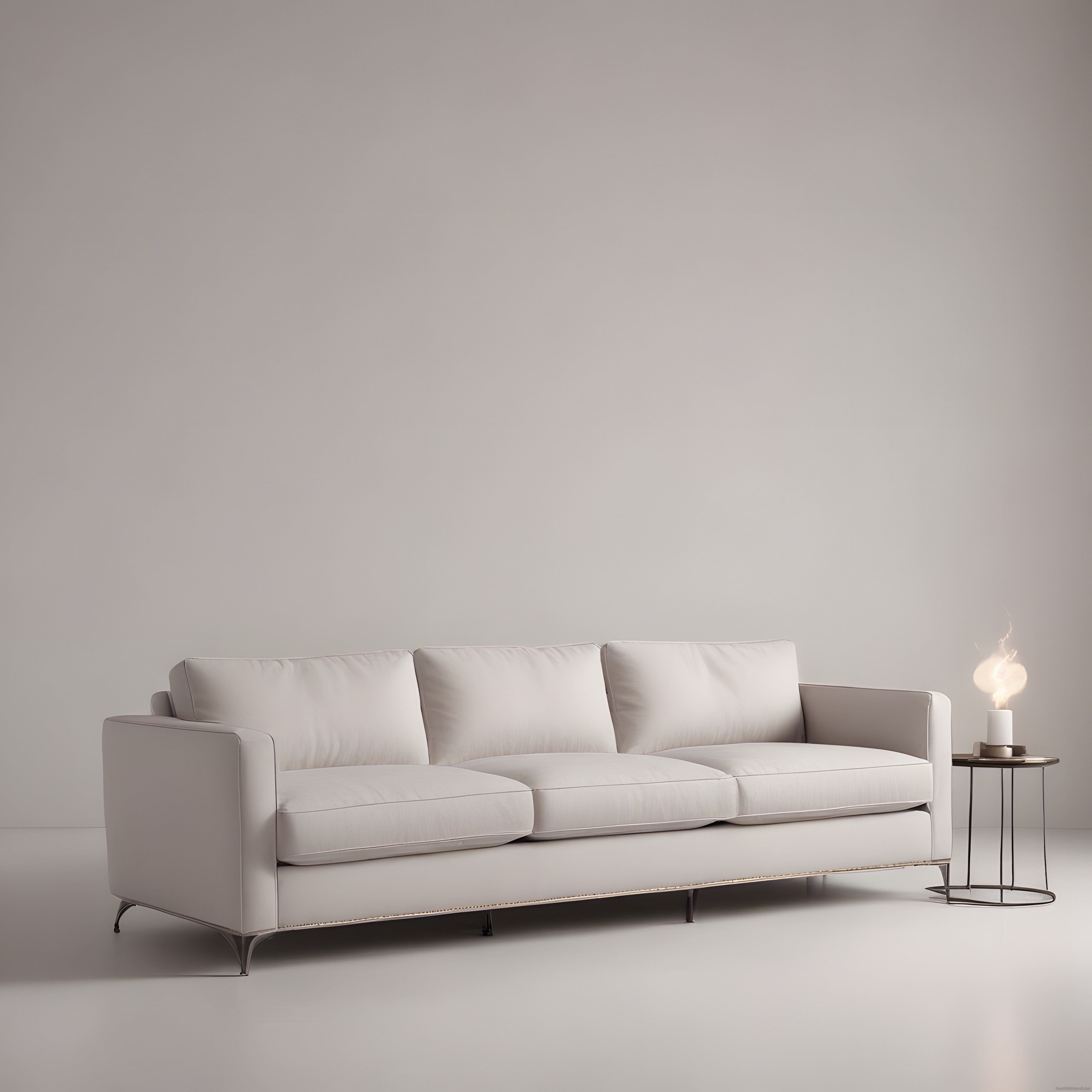 Minimalist Beyaz Salon Dekorasyonunda Modern Üçlü Kanepe ve Şık Aydınlatma