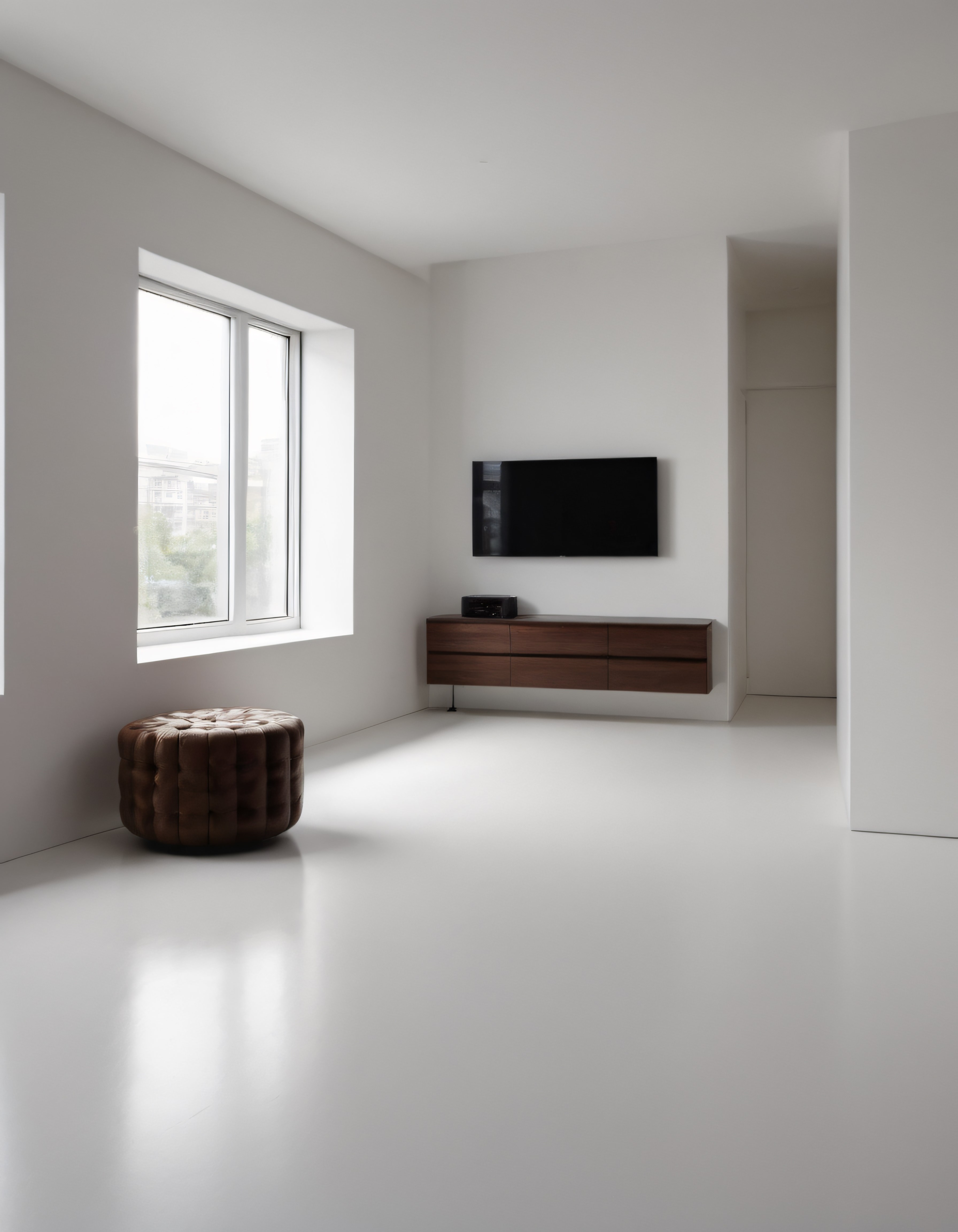 minimalist beyaz salon duvara monte ekran ve ahşap konsol ile sade iç mekan