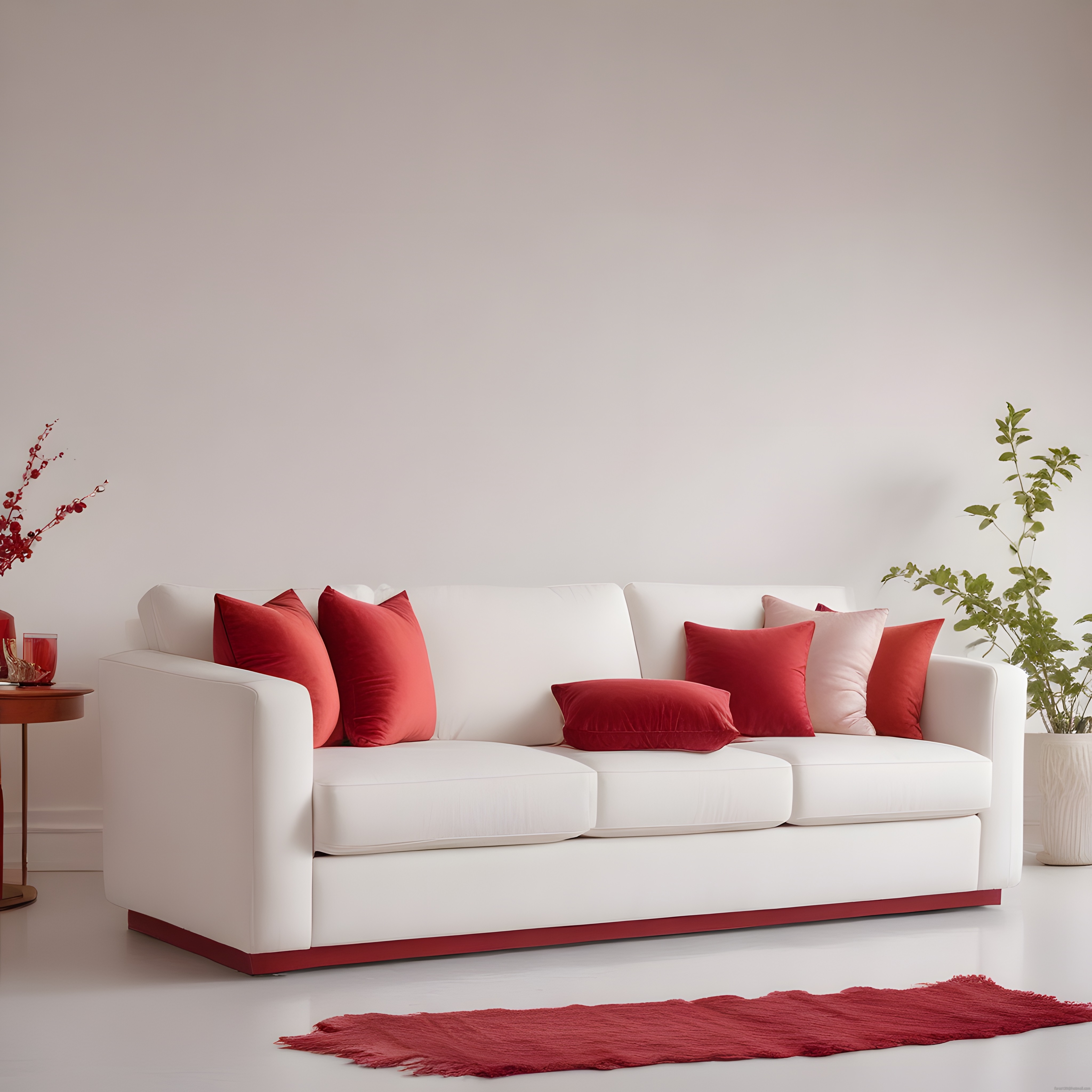 Minimalist Beyaz Salon: Kırmızı Aksesuarlarla Modern ve Sıcak Dekorasyon