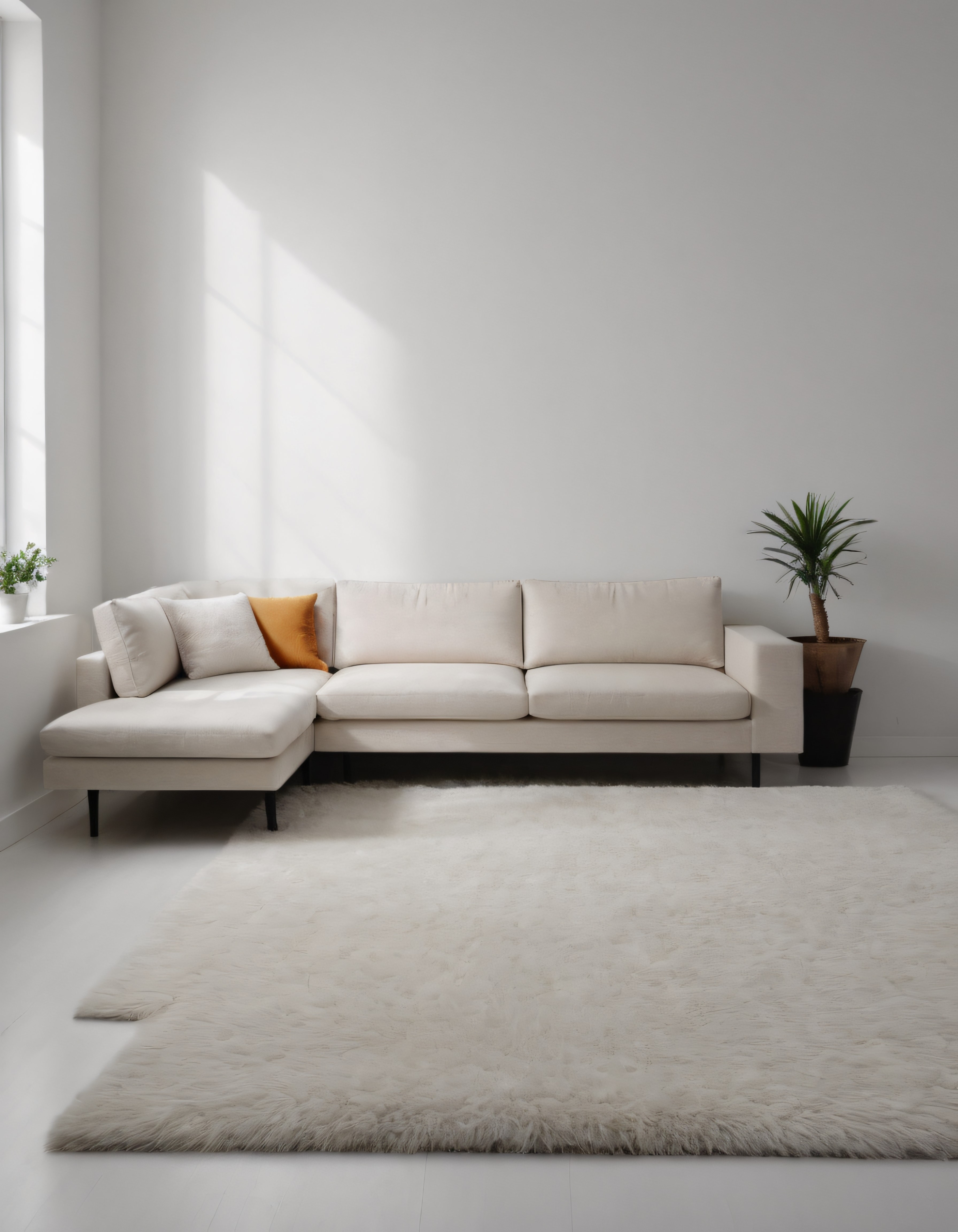 Minimalist Beyaz Salon: Modern Köşe Koltuk, Peluş Halı ve Doğal Işıkla Huzur