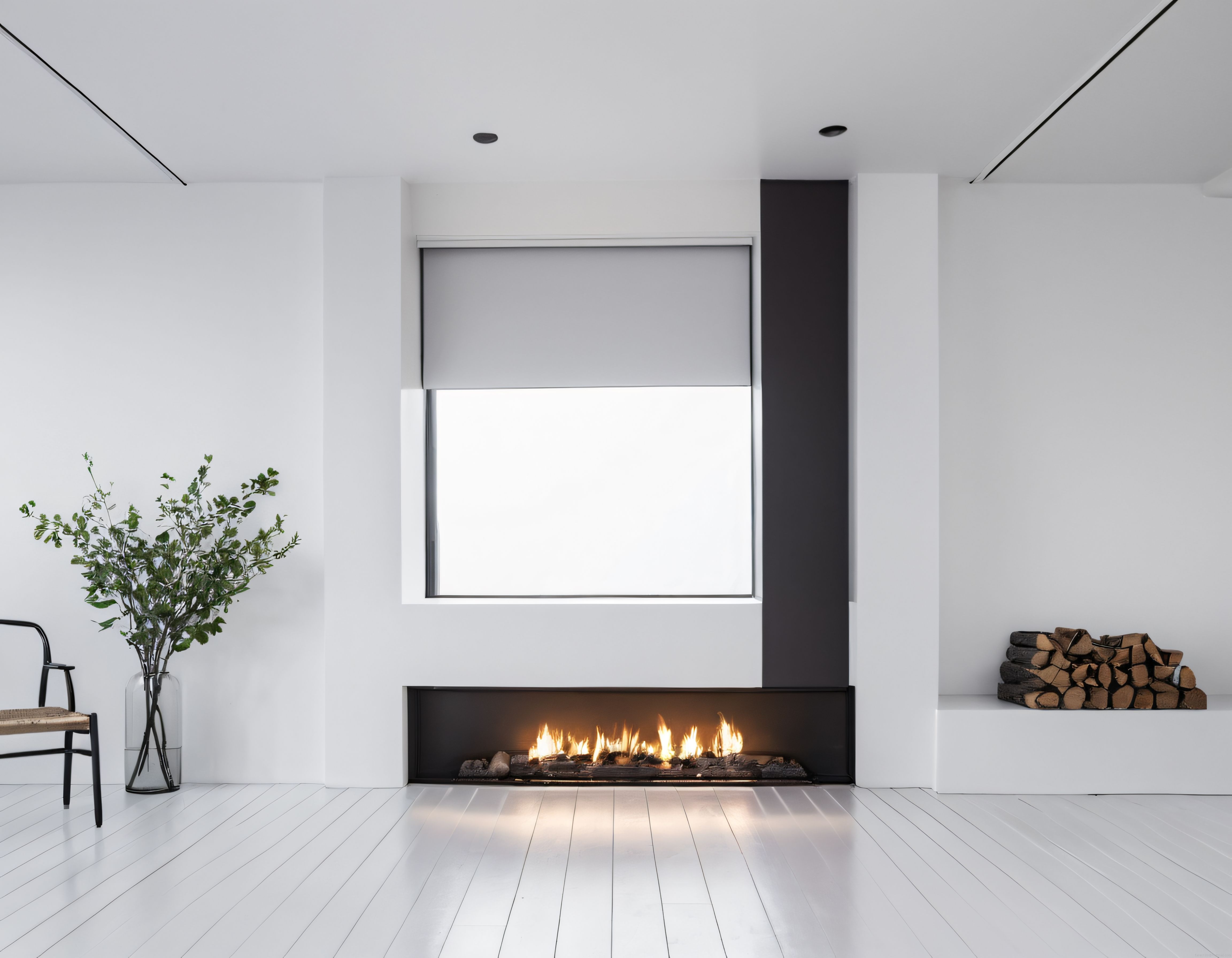 Minimalist Beyaz Salon: Modern Şömine ve Ferah İç Mekan Tasarımı