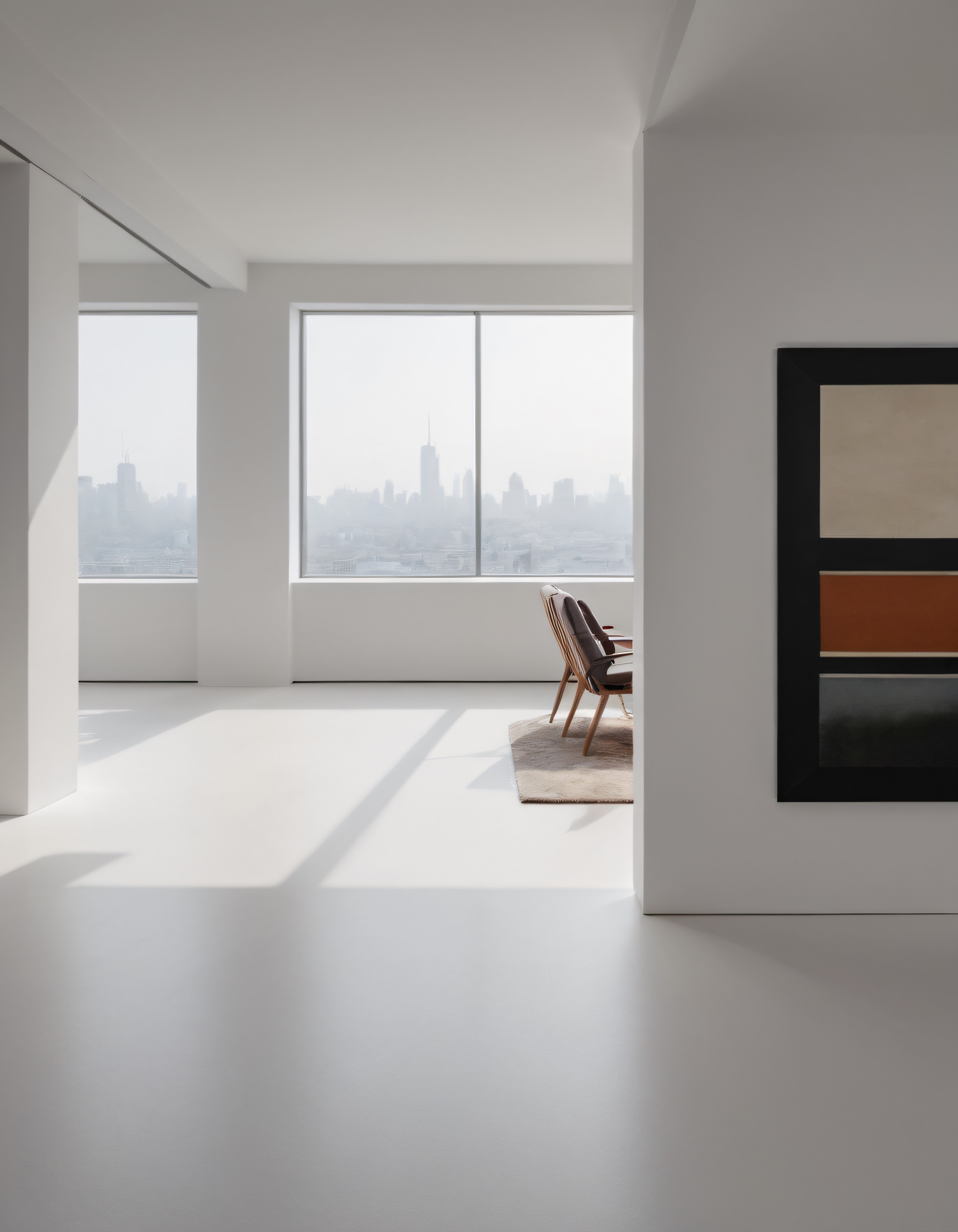 Minimalist Beyaz Salon: Şehir Manzaralı Modern İç Mekan Tasarımı