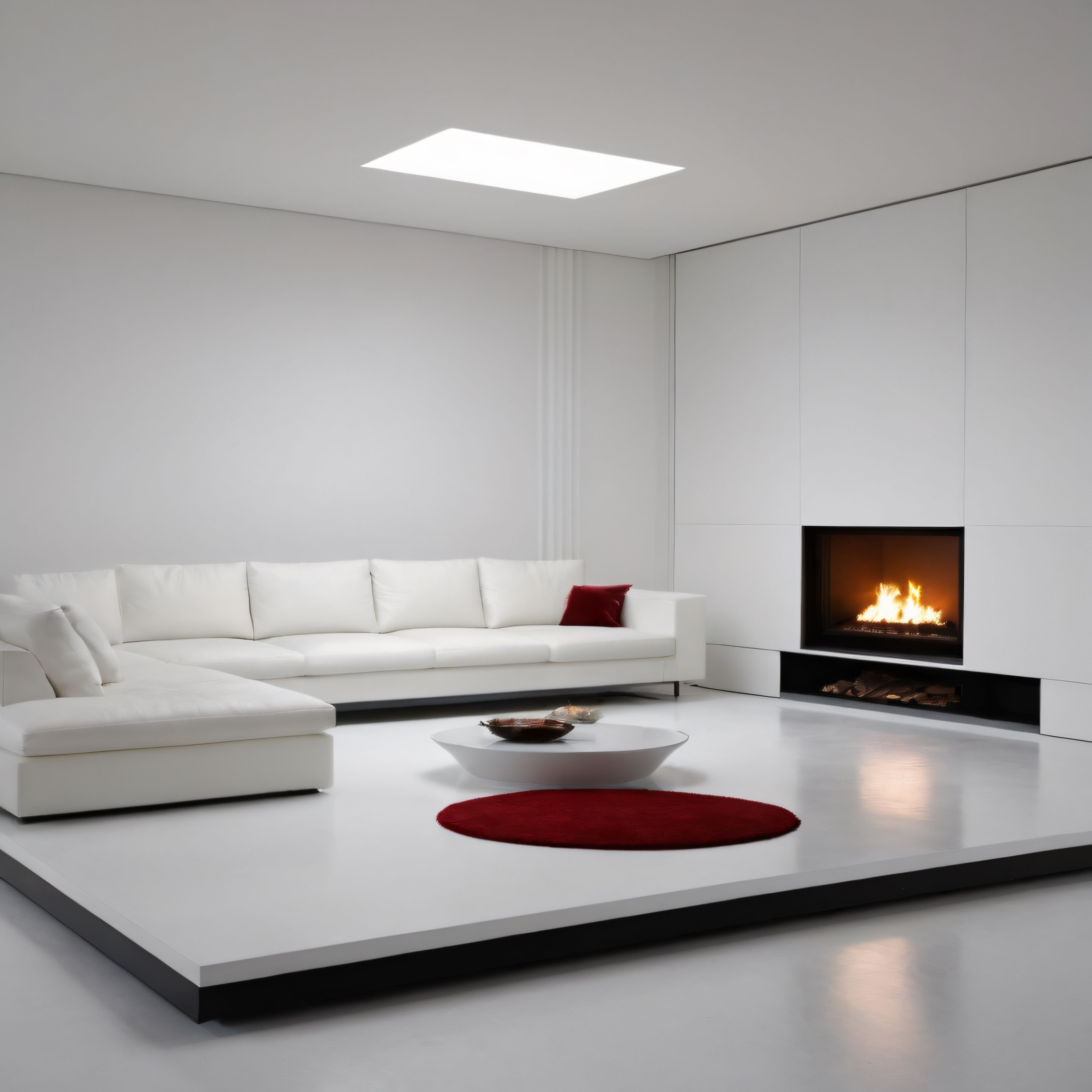 Minimalist Beyaz Salon Şömine ve Kırmızı Aksanlı Lüks Oturma Odası