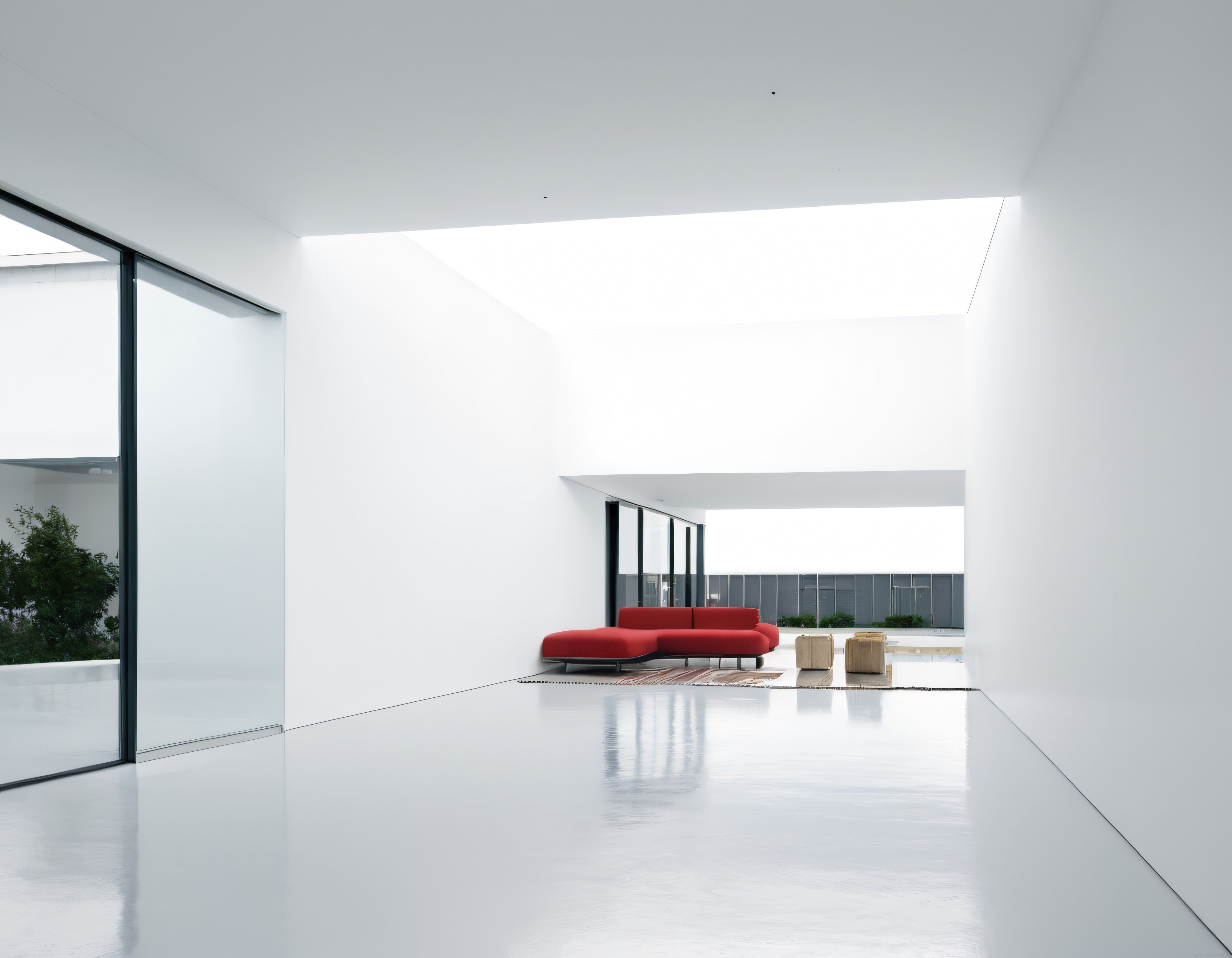 Minimalist Beyaz Salon ve Kırmızı Kanepe ile Modern Ev İç Mekan Tasarımı