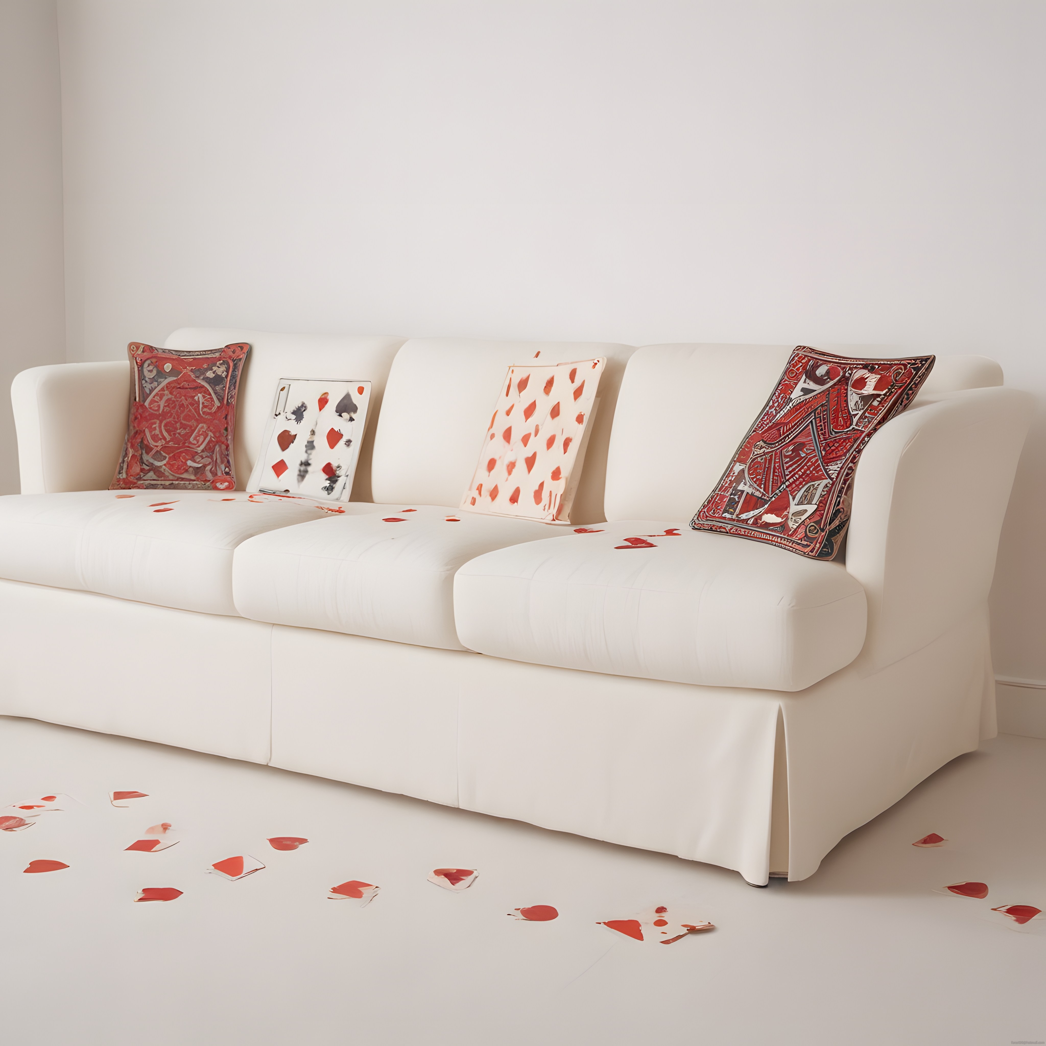 Minimalist Beyaz Salonda İskambil Kartlı Yastıklar ve Yerde Saçılmış Deste Minimalist Beyaz Salonda İskambil Kartlı Yastıklar ve Yerde Saçılmış Deste