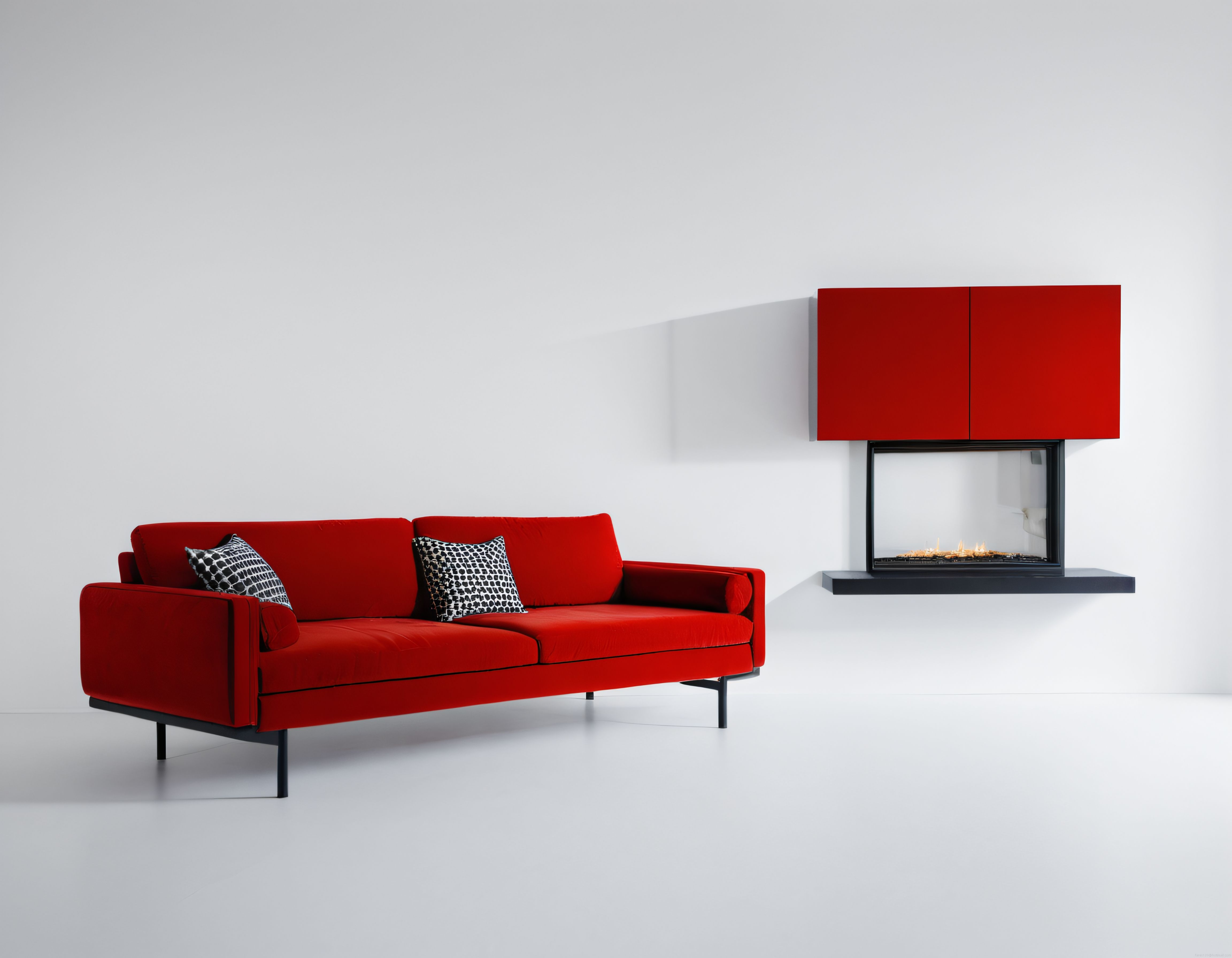 Minimalist Beyaz Salonda Kırmızı Kanepe ve Modern Şömine Tasarımı