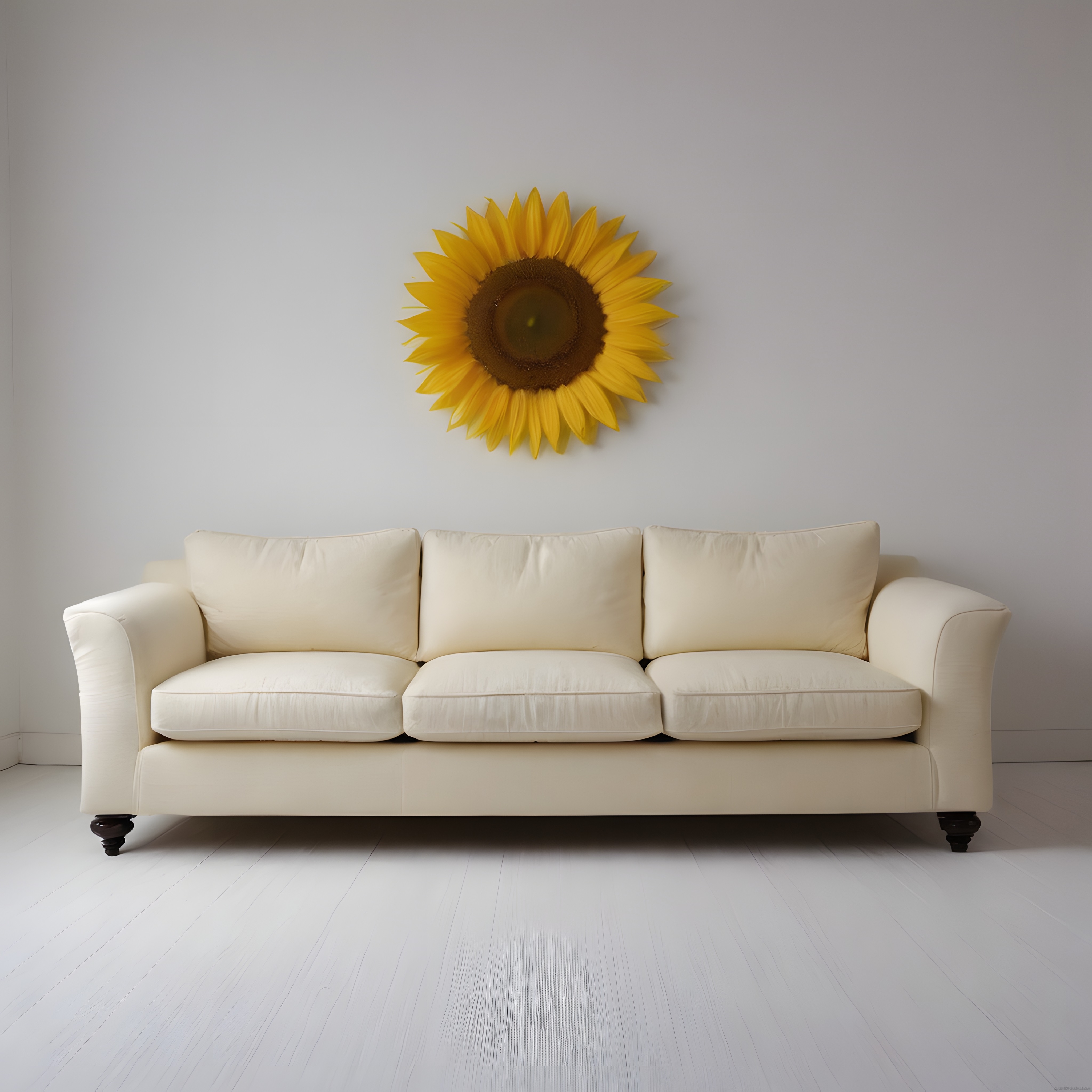 Minimalist Beyaz Salonda Krem Rengi Kanepe ve Dev Ayçiçeği Duvar Dekoru