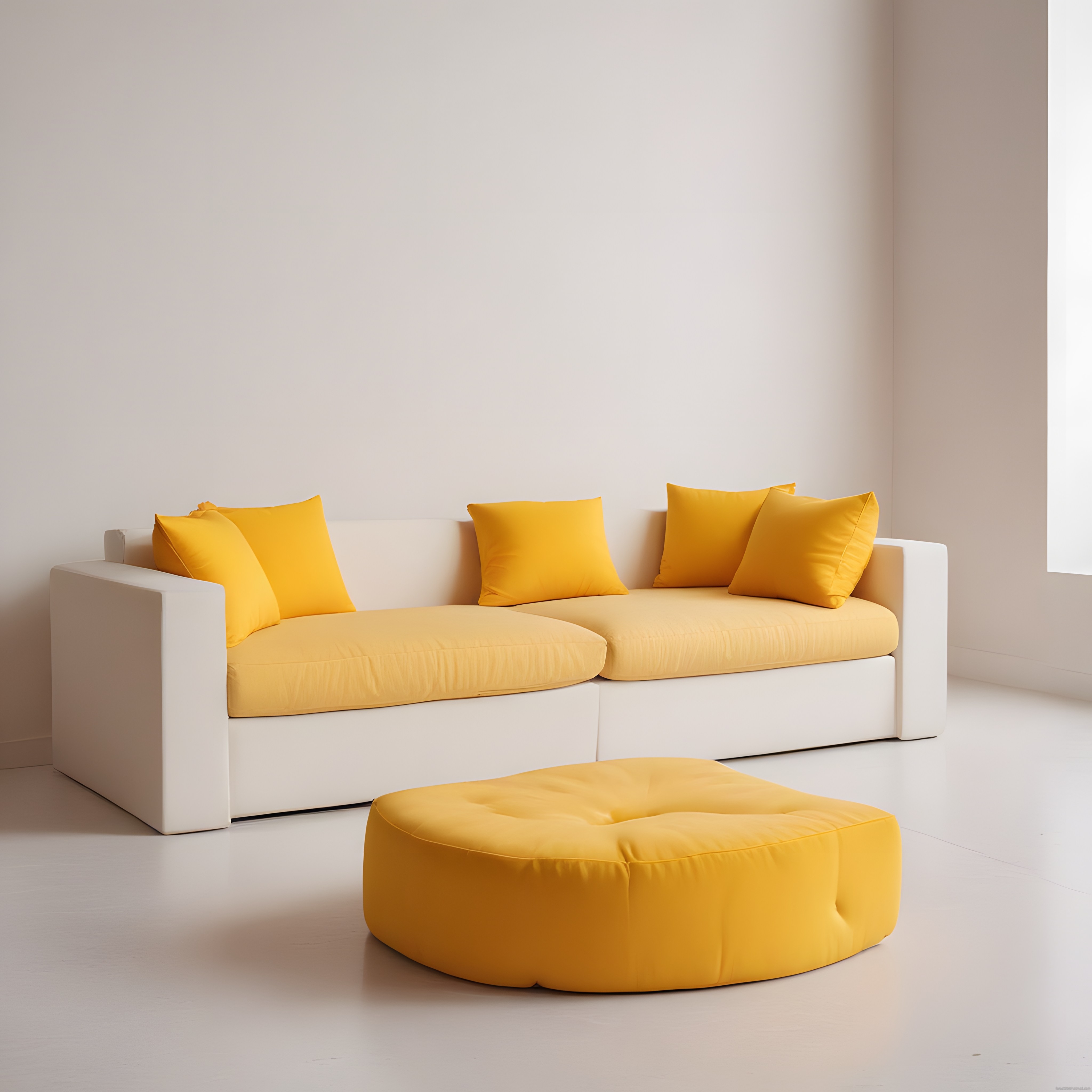 Minimalist Beyaz Salonda Sarı Detaylı Modern Köşe Koltuk ve Puf Tasarımı