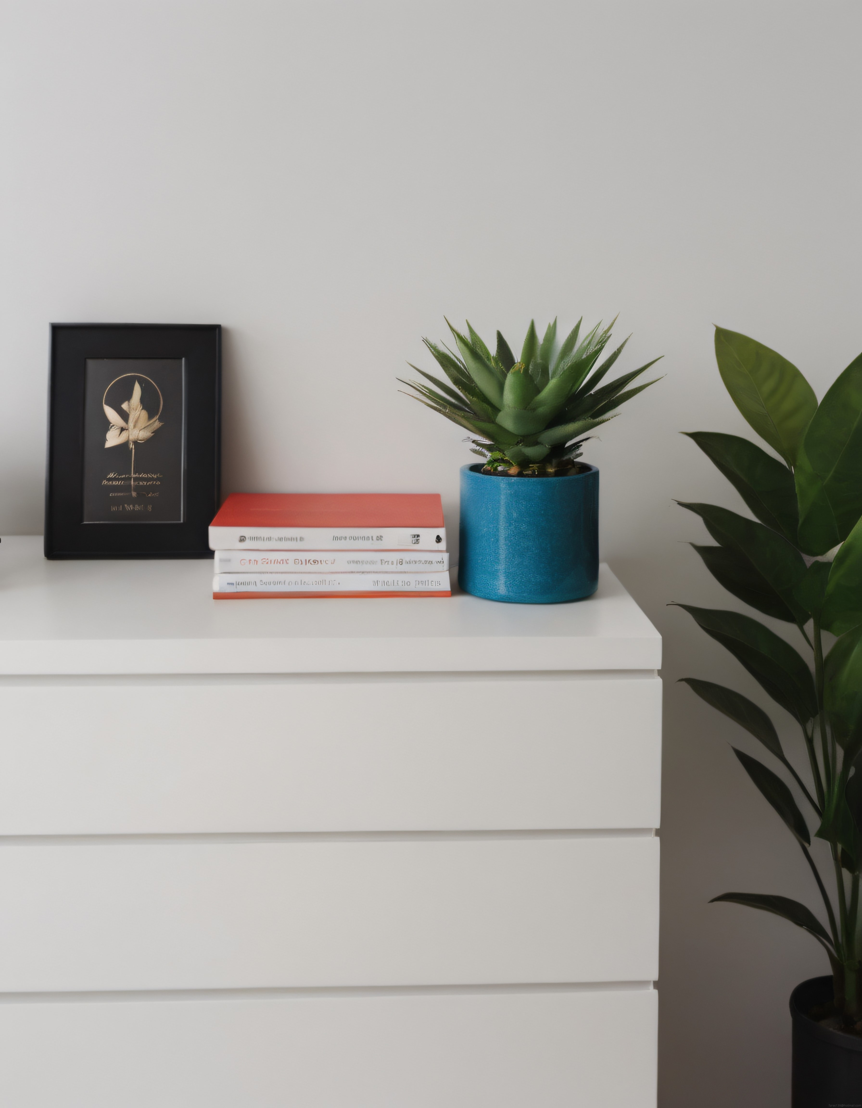 Minimalist Beyaz Şifonyer Üzerinde Kitaplar ve Mavi Saksılı Sukulent Dekoru
