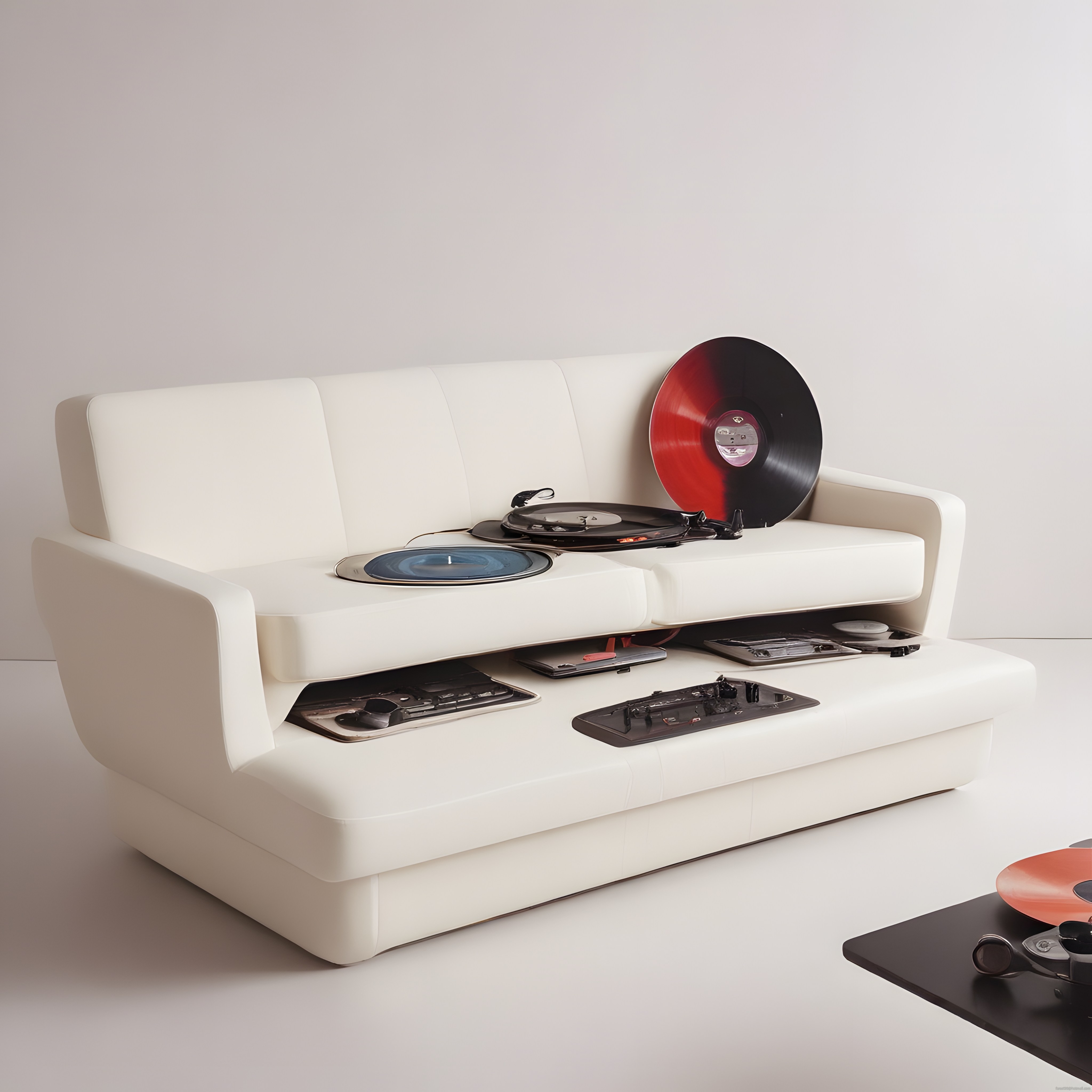 Minimalist Beyaz Stüdyo Köşesinde Vinil Pikap ve Prodüksiyon Ekipmanları Minimalist Beyaz Stüdyo Köşesinde Vinil Pikap ve Prodüksiyon Ekipmanları